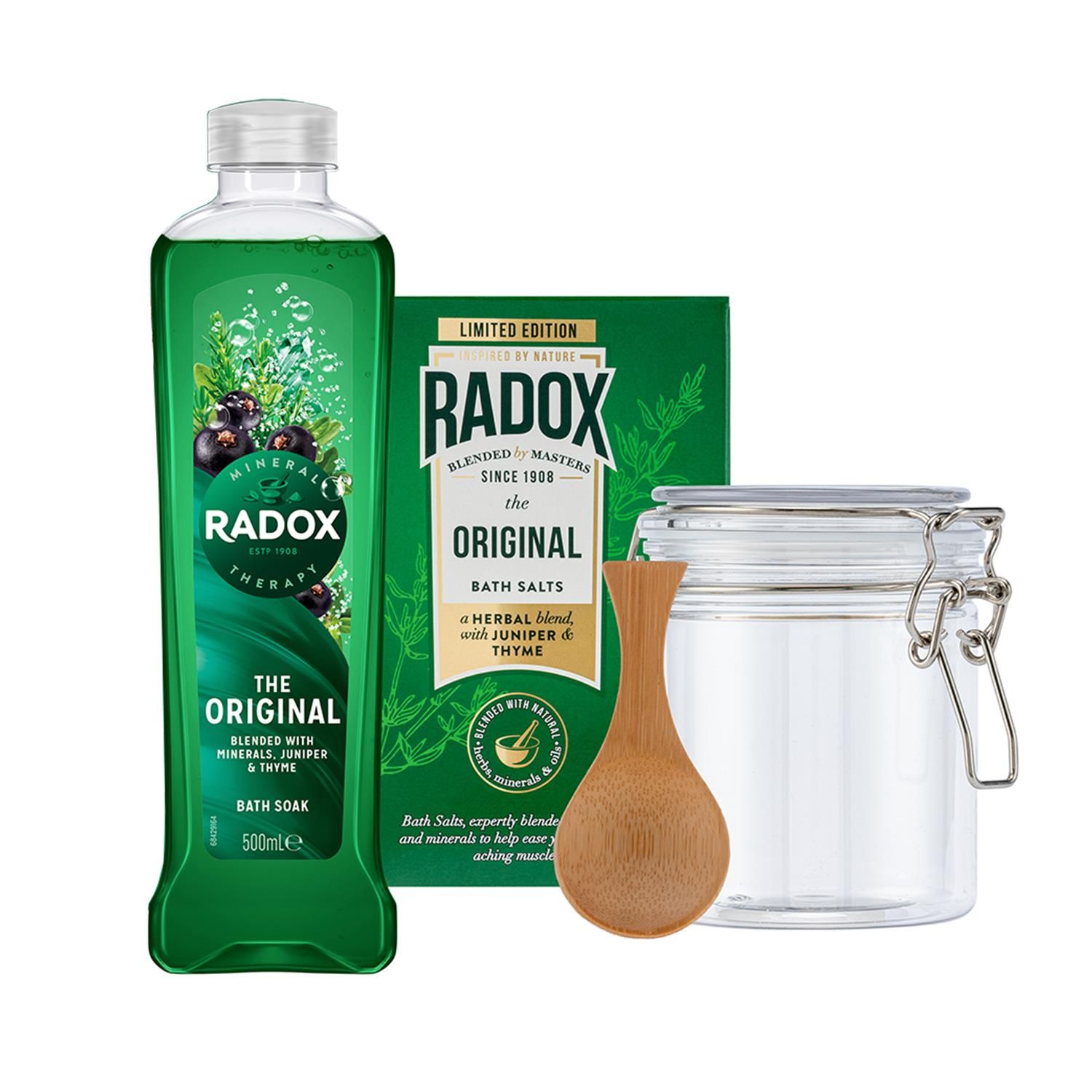 Know someone who loves to cares for their body and looking for the perfect relaxation enriched with minerals and herbs extracts here is the perfect gift introduced by Radox that comes with the complete Radox Luxurious Bath Collection Gift Set. When your body’s trying to tell you something. Time to listen. Time to swap press-ups and lunging for lounging. Don’t float like a butterfly, sink like a stone into a warm juniper and thyme-scented bath for some well-deserved me-time. From troubles to bubbles, close your eyes, relax and recover. 

Enjoy the soothing blend of minerals, juniper, and thyme with Radox The Original Bath Soak. From troubles to bubbles, close your eyes and let the replenishing bath soak cleanse your body, and revive you. Radox Mineral Therapy The Original Bath Salts are crafted with 100% pure sea salt with natural calcium, sodium, and magnesium, the perfect blend to help you unwind in a relaxing bath. 

This is the perfect gift set that introduces your caring nature towards your loved ones as it also comes with a decanter, scoop & flannel so that there are no more things to look for. This Christmas enlightens by presenting this gift set to the one who matters to you the most!

Features:
Radox Mineral Therapy The Original Bath Salts are enriched with calcium, sodium and magnesium and are pH neutral, meaning they are suitable for all skin types.
Inspired by nature’s best ingredients, our premium bath salts are blended with the recharging extracts of juniper & thyme.
Enjoy the soothing blend of minerals, juniper and thyme with Radox The Original Bath Soak

Safety Warnings: Avoid contact with eyes. If eye contact occurs, rinse well with water. If rash or irritation occurs, discontinue use.

Gift Set Includes:

1x Radox The Original Bath Soak 500 ml,
1x Radox The Original Bath Salts 400 g,
1x Decanter,
1x Scoop,
1x Flannel