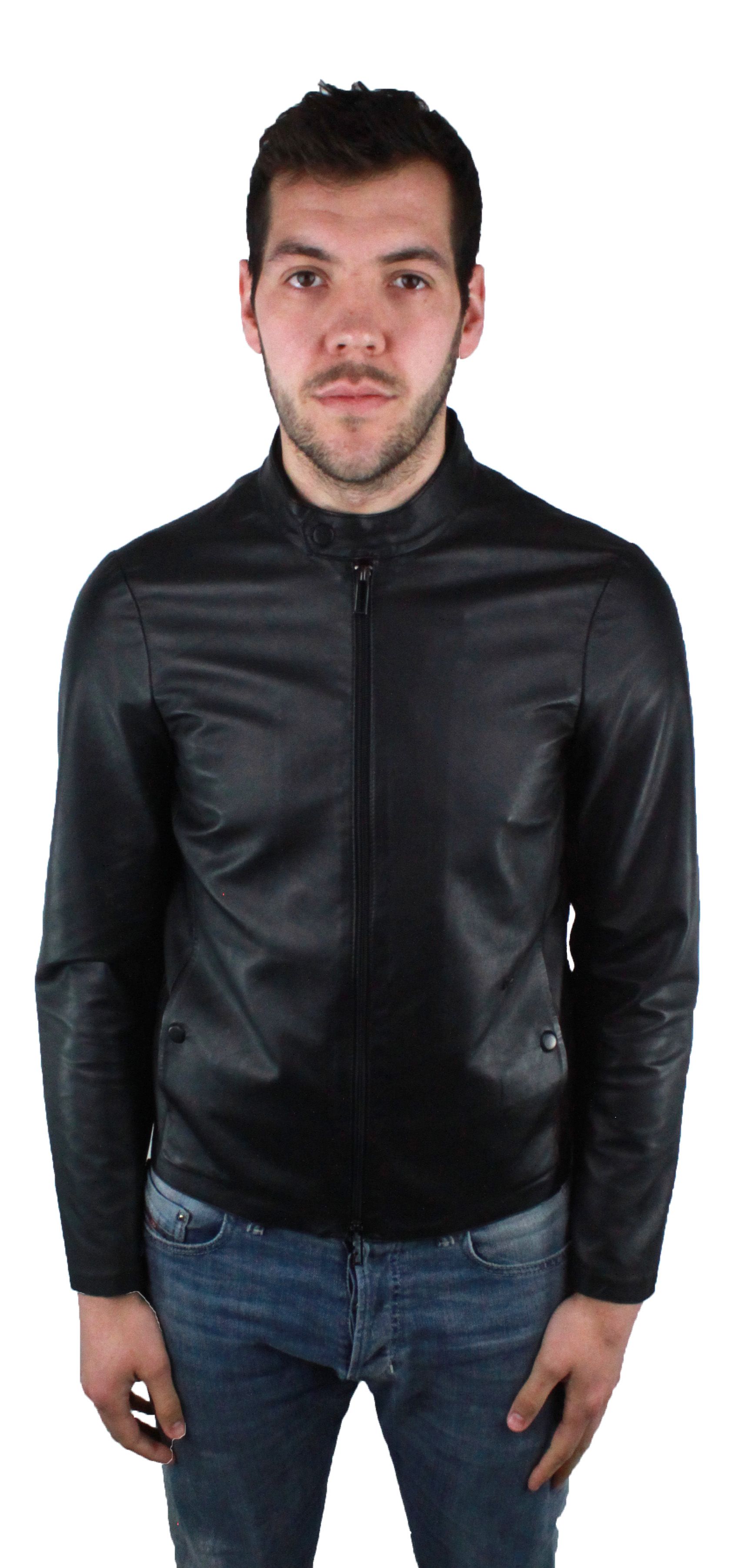 Emporio Armani 3Z1BM5 1LBAZ 999 Leather Jacket. 100% Leather. Central Zip Closure. Branded Badge On Left Pocket. Chinese Collar. Product Code: 3Z1BM5 1BLAZ 0999