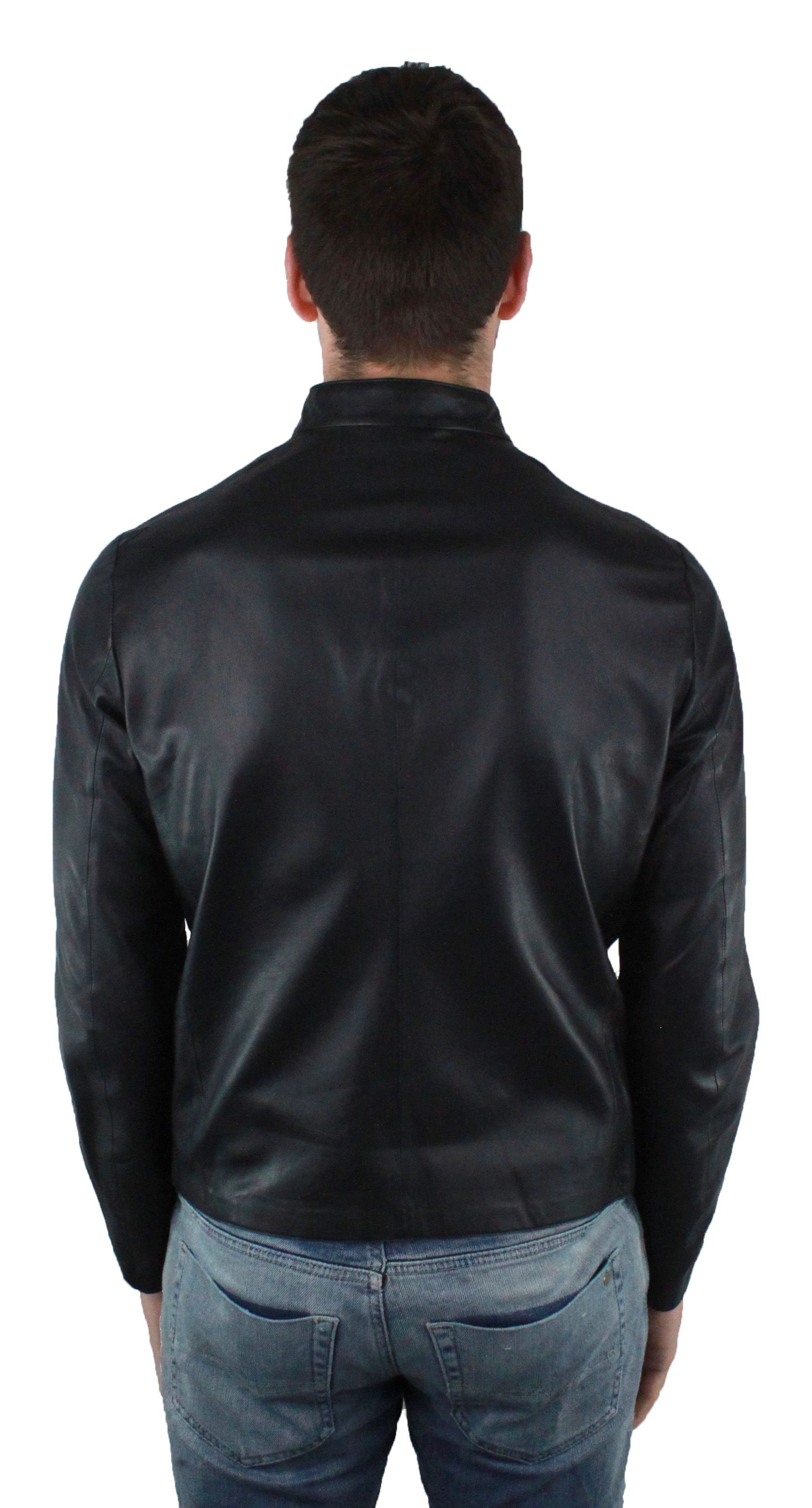 Emporio Armani 3Z1BM5 1LBAZ 999 Leather Jacket. 100% Leather. Central Zip Closure. Branded Badge On Left Pocket. Chinese Collar. Product Code: 3Z1BM5 1BLAZ 0999