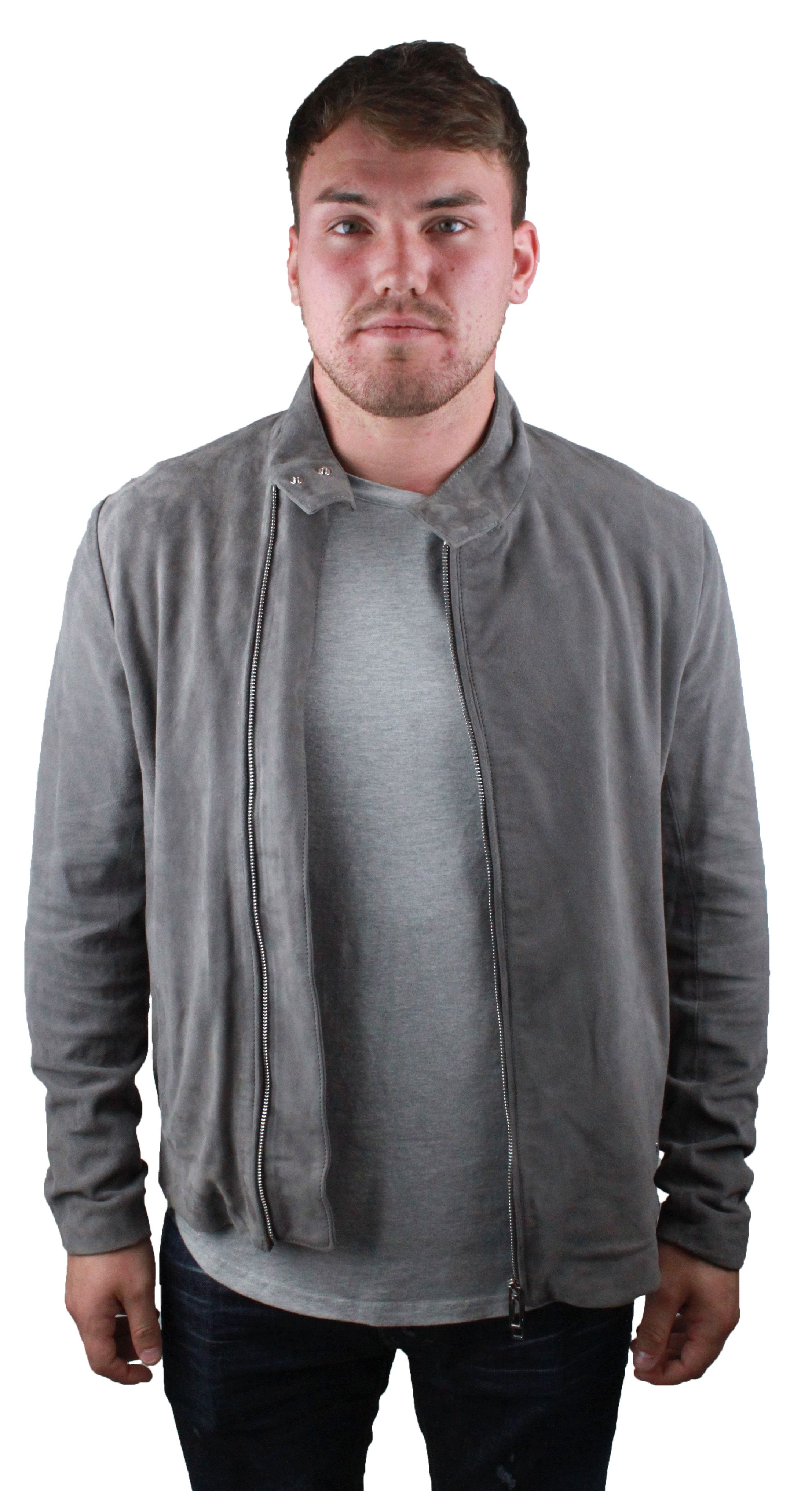 Emporio Armani 3Z1BM7 1LBBZ 0645 Leather Jacket. Grey Leather Jacket. 100% Goats Leather. Chinese Collar. Double Zip Central Closure. Branded Badge on Front