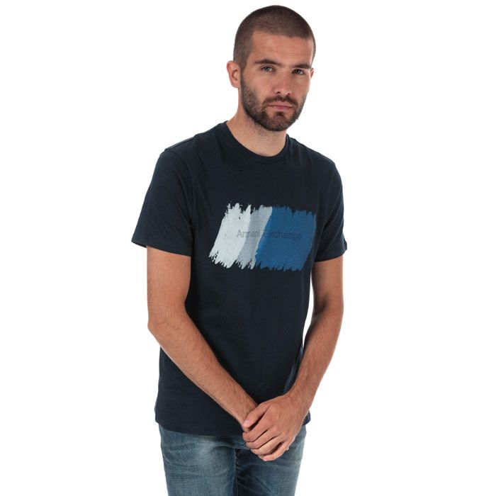 Mens Armarni Exchange Painted Outline Logo T-shirt  Navy.<BR><BR>-Short-sleeve ribbed crewneck.<BR>- Graphic print at front<BR>- Measurement from shoulder to hem: 27in approximately.<BR>- 100% cotton. Machine washable.<BR>- Ref: 3ZZTHGZJS9Z151.