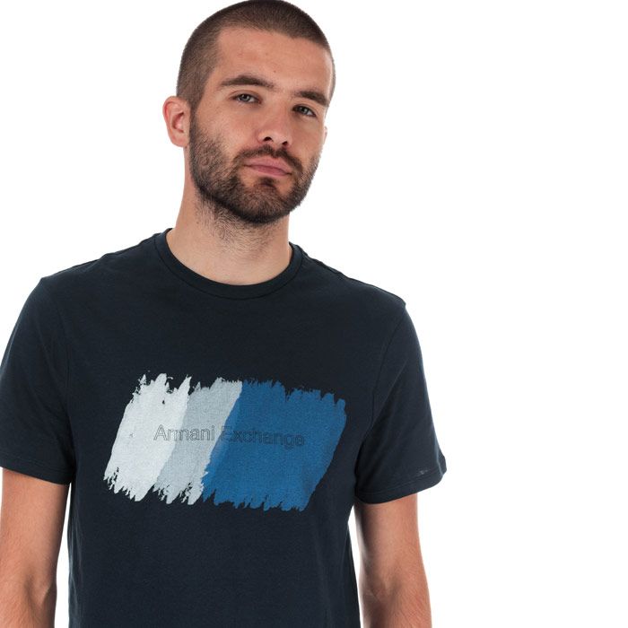 Mens Armarni Exchange Painted Outline Logo T-shirt  Navy.<BR><BR>-Short-sleeve ribbed crewneck.<BR>- Graphic print at front<BR>- Measurement from shoulder to hem: 27in approximately.<BR>- 100% cotton. Machine washable.<BR>- Ref: 3ZZTHGZJS9Z151.