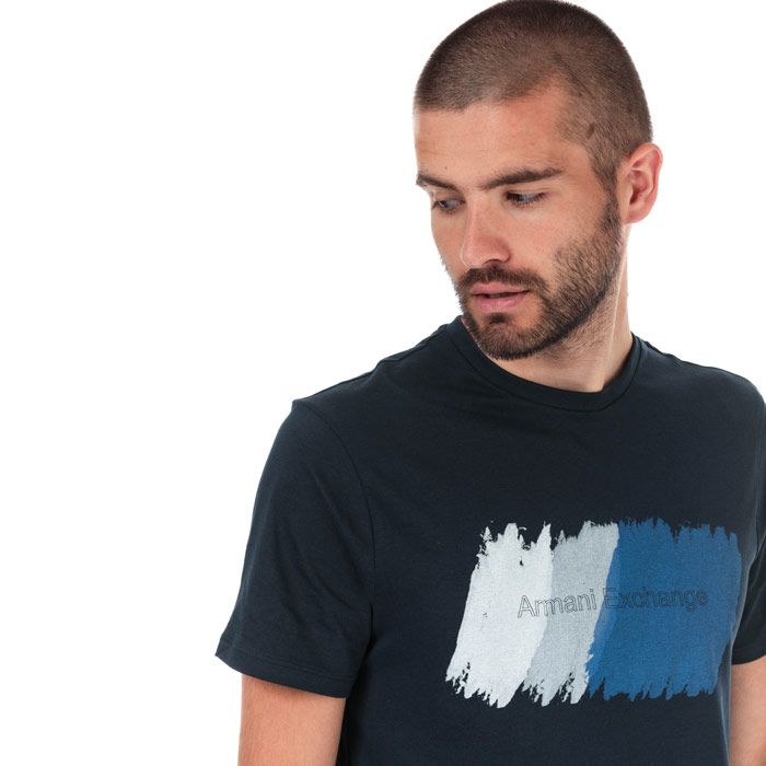 Mens Armarni Exchange Painted Outline Logo T-shirt  Navy.<BR><BR>-Short-sleeve ribbed crewneck.<BR>- Graphic print at front<BR>- Measurement from shoulder to hem: 27in approximately.<BR>- 100% cotton. Machine washable.<BR>- Ref: 3ZZTHGZJS9Z151.