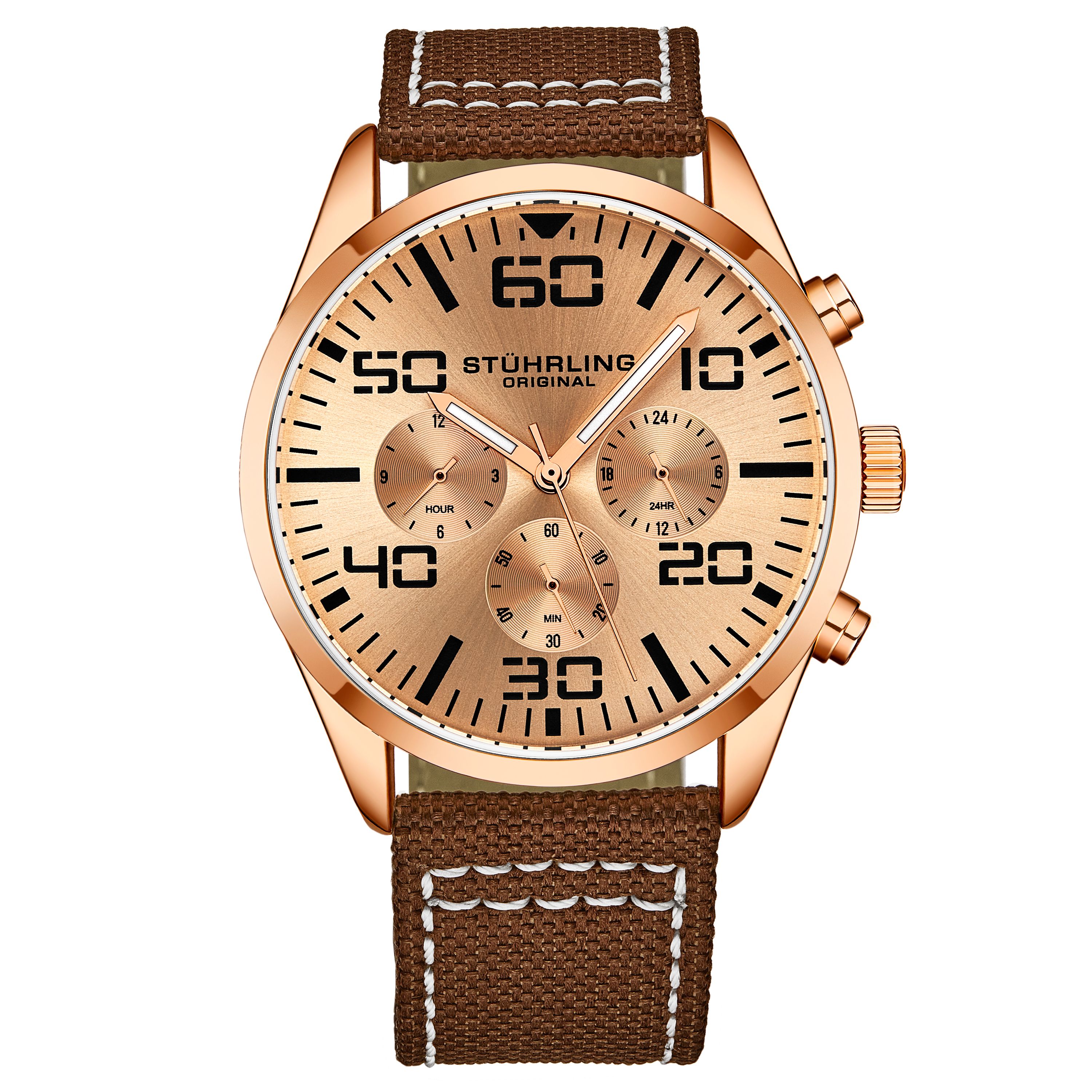 Men's Chrono Rose/Gold Toned Case, Rose/Gold Toned Bezel, Cream Dial, Rose/Gold Toned Hands, Black Markers, Brown Canvas with White Contrast Stitching Strap Watch