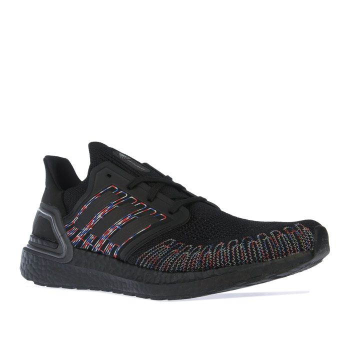 Mens adidas Ultraboost 20 Running Shoes in black.- adidas Primeknit+ textile upper.- Lace closure.- Regular fit.- Tailored Fibre Placement locked-in fit.- The black silhouette with a contrasting stitched.- Stretchweb outsole with Continental™ Rubber.- Textile upper  Textile lining  Stretchweb sole.- Ref.: EG0711