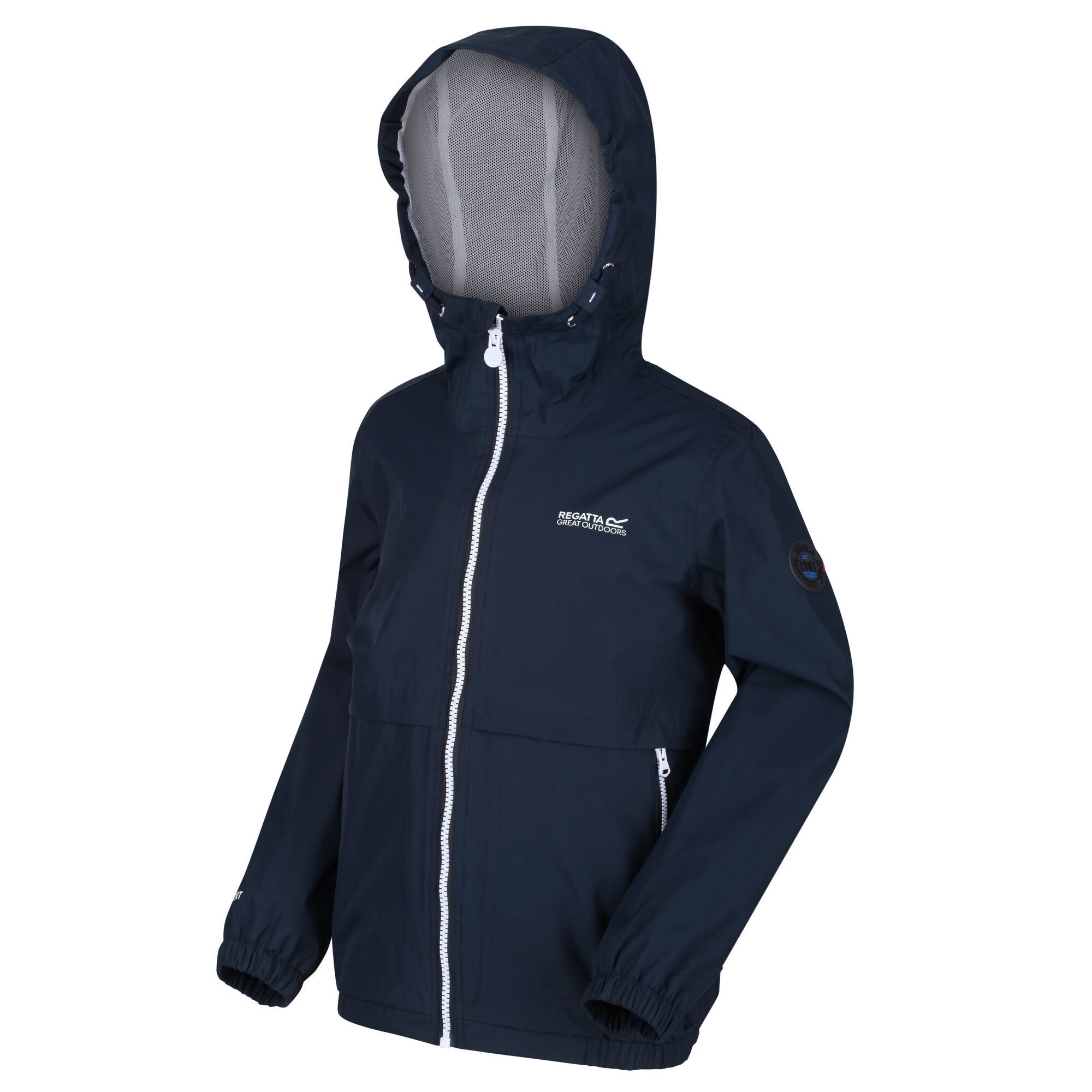 Material: 100% Polyester. Durable, water-repellent jacket with elasticated hood. Taped seams, elasticated hem and cuffs.  Part mesh, part polyester taffeta lining. 2 zipped lower pockets. Regatta outdoors logo print on the chest.