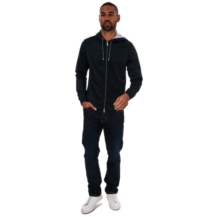 Mens Armani Exchange Stripe Lined Zip Hoody in navy.-  Hooded collar.- Long sleeves.- Full fastening.- Two side zipped pockets.- 100% Polyester. Machine wash at 30 degrees.- Ref: 3ZZMBDJM8Z1510