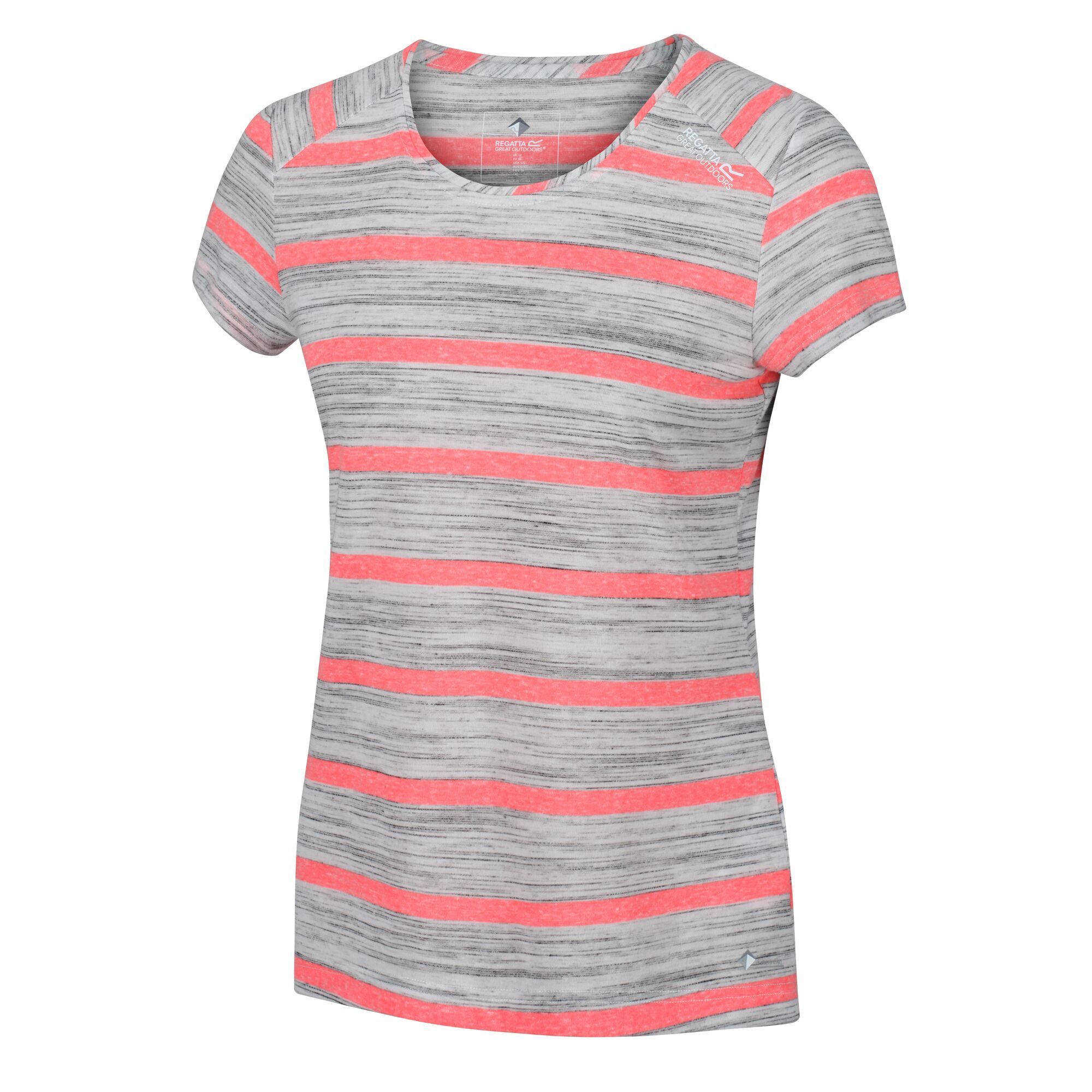 Material: 90% polyester, 7% cotton, 3% viscose/rayon. Good wicking performance. Semi-sheer stripes. Cap sleeves.