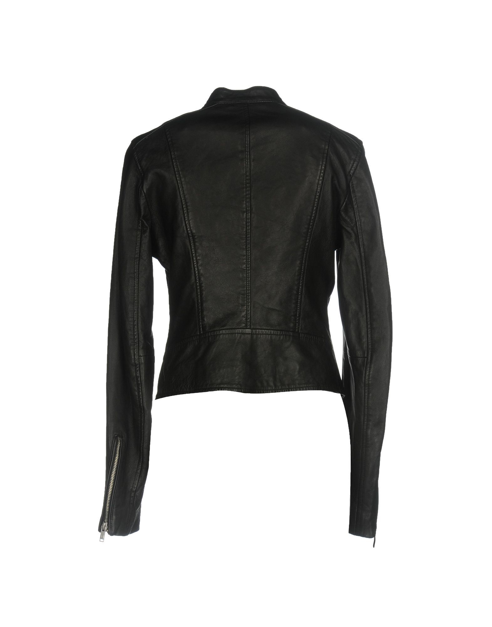 textured leather, logo, solid color, single-breasted , zip, mandarin collar, multipockets, pocket with zipper, single chest pocket, long sleeves, zipped cuffs, lined interior, leather, contains non-textile parts of animal origin, outerwear