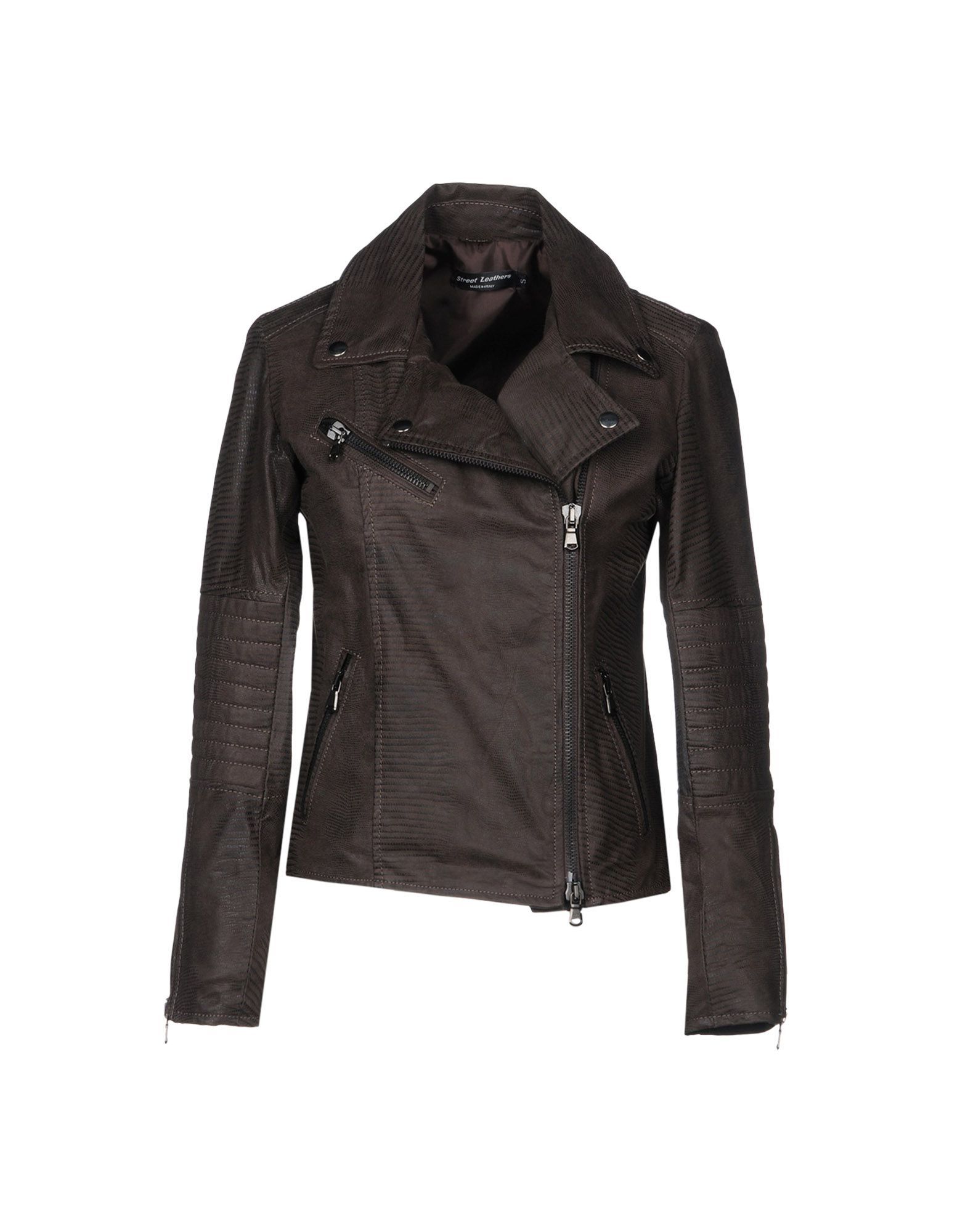 Leather<br>No appliqu�s<br>Solid colour<br>Double-breasted<br>Zip<br>Classic Neckline<br>Multipockets<br>Long sleeves<br>Fully lined<br>Printed leather<br>Contains non-textile parts of animal origin<br>Biker style<br>Small sized<br>