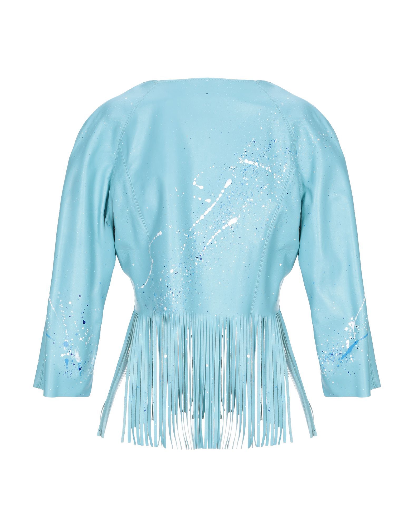 leather, fringe, draped detailing, stained effect, solid colour, no pockets, deep neckline, single-breasted , long sleeves, unlined, contains non-textile parts of animal origin