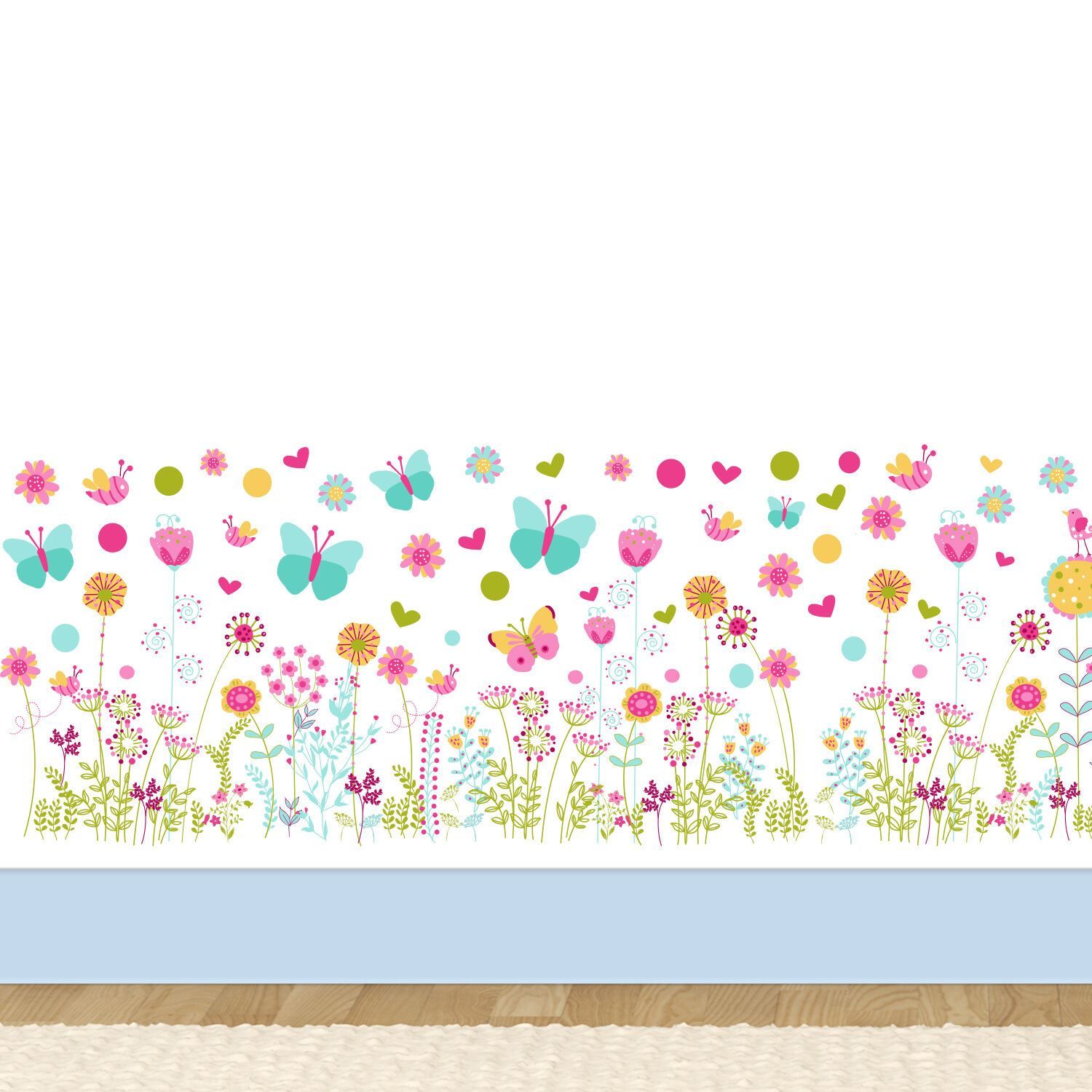 - Every summer has its own story, and ours starts with colourful flowers and beautiful butterflies. 
- This skirting will change your room into a place of joy happiness and summertime.
- Walplus high quality self-adhesive stickers are quick to apply, and can be easily removed and repositioned. 
- It will not damage or leave stains on your wall. Simply peel and stick to any smooth or even surface. 
- Please only attach to the painted surface at least three weeks after painting and clean the surface prior to application. 
- The package includes: 2 sheets of 30cm x 60cm. The finishing size is 28cm x 110cm - less or more, depending on your preferences.