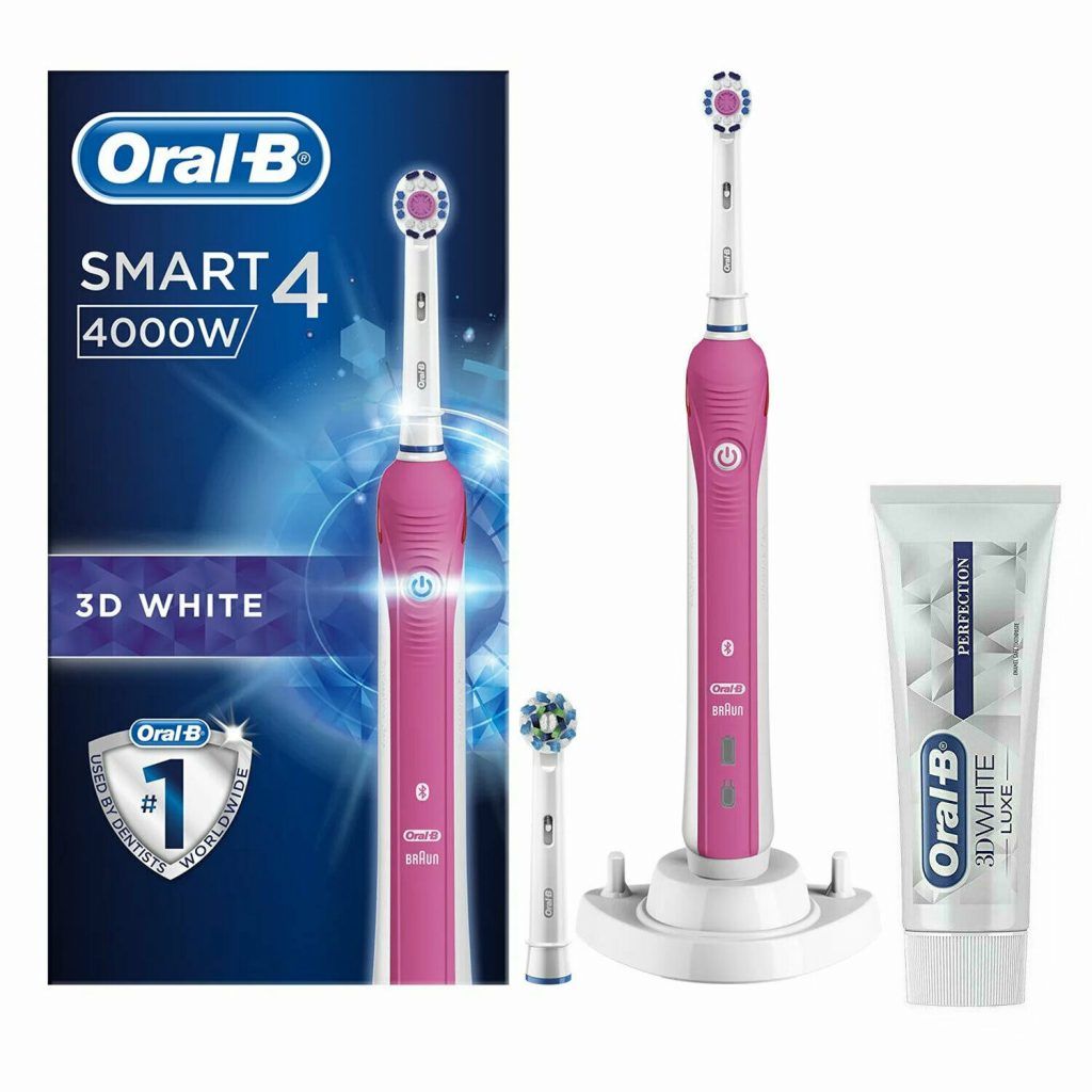 Oral-B SMART 4 4000W 3D White Electric Toothbrush + 3D Paste.  The sleek pink handle of the 4000 W electric toothbrush improves your brushing habits. It seamlessly connects with the Oral-B app in your phone and guides you with real time feedback to brush better. While you are improving your brushing routine, Oral-B's unique round head does all the rest. It removes up to 100% more plaque than a standard manual toothbrush for healthier gums and it starts making your smile whiter as of the first day of brushing by removing surface stains. Not only this, but the toothbrush helps you protect your delicate gums with the proprietary pressure control technology that reduces brushing speed and alerts you to be gentler if you brush too hard. 

Not Available for the following postcodes:
AB, BT, DB99, DD9-11, EH35-46, FK18-21, AB, BT, DB99, GY, HS, IM, IV, KA27, KA28, KW, KY9-16, PA, PH, PO30-41, TD, TR21-25, ZE

Please Note: This product comes with a two-pin UK plug.