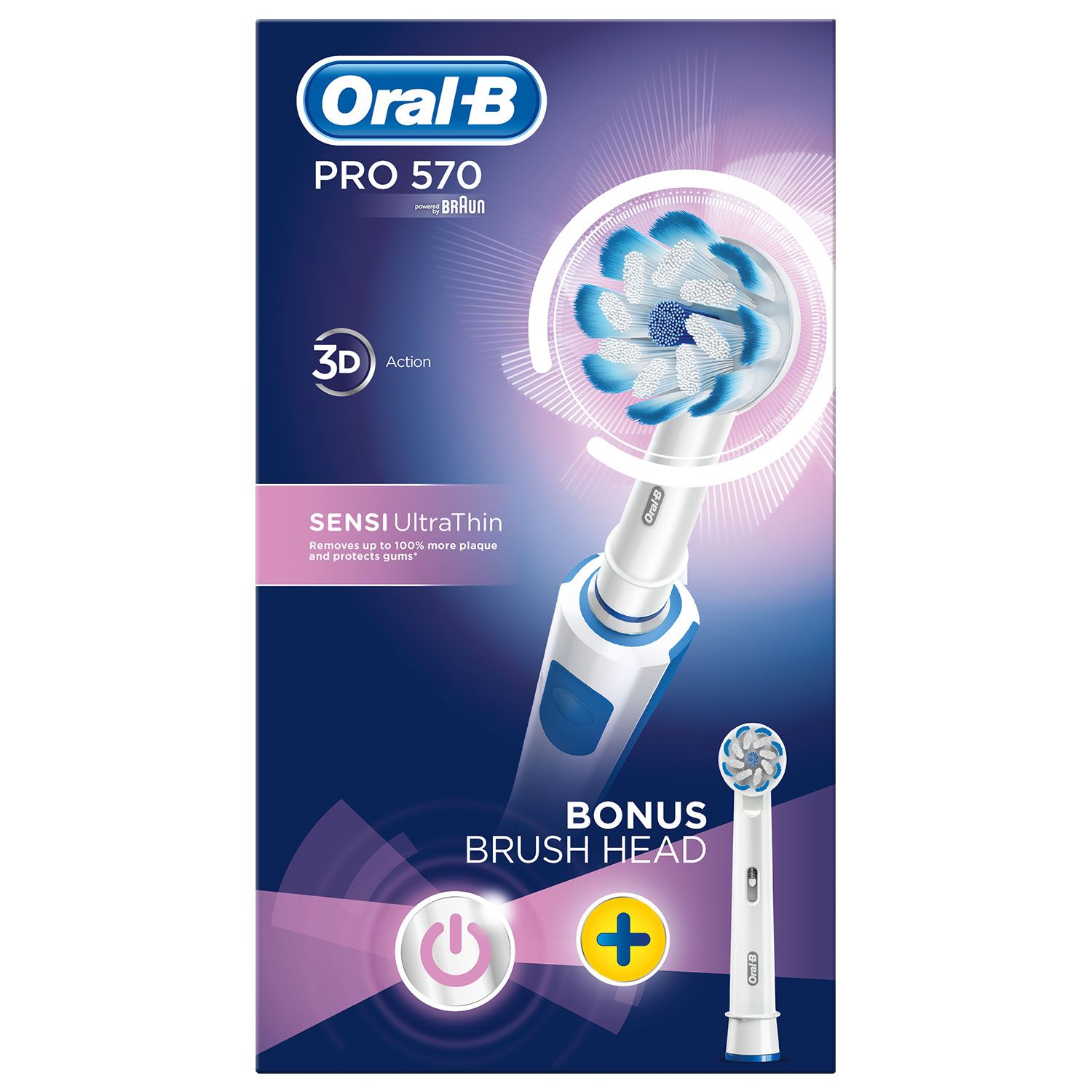 Oral B Pro 570 Sensi Ultra Thin Electric Toothbrush with Refill Head

Experience the Oral-B Sensi UltraThin toothbrush head designed by the #1 dentist recommended brand worldwide – Oral-B. The round petal shape is designed with dentists. It has soft, ultrathin bristles that are gentle on gums, combined with regular bristles that are tough on plaque. Sensi Ultrathin removes up to 100 percent more plaque and reduces gum inflammation by 100 percent compared to a manual toothbrush. The distinct combination of end rounded and ultrathin bristles make Sensi Ultrathin ideal for everyone with a sensitive mouth and everyone who is looking for just a great gentle clean.

    Removes up to 100 percent more: Plaque for healthier gums vs; a regular manual toothbrush.
    Reduces gum inflammation: By 100 percent vs a regular manual toothbrush.
    Oral-B the #1 brand: Used by Dentists & approved by the Oral Health Foundation

Experience the Oral-B Sensi Ultra-Thin

The gentlest tooth and gum care
Inspired by professional dental tools, the Sensi UltraThin toothbrush head is designed in a round petal shape with soft UltraThin bristles to give you the gentlest Oral-B brushing experience while reducing inflammation, reversing gingivitis, and improving gum health.
	
Round head cleans better
Oral-B’s round head contours to surround each tooth for cleaner teeth and healthier gums*.

Designed with dentists
Round head with a combination of ultrathin and regular bristles that are gentle on gums, but tough on plaque.

New brush head after three months
Dentists recommend replacing your toothbrush every three months, or sooner if bristles are faded and worn. Oral-B replacement toothbrush heads feature indicator bristles that fade halfway to help remind you when to replace your toothbrush head to maintain a superior clean.

Brush heads designed with dentists
Oral-B brush refills are designed to perfectly fit your toothbrush and come with specialised features for great results. These features include end rounding to be gentle on gums, angled bristles to clean in-between teeth, and UltraThin bristles for extra gentle cleaning.
	
Number one dentist recommended
Oral-B is not only designed with dentists; it’s also the number one toothbrush brand recommended by dentists worldwide. Discover for yourself the next level of oral care by Oral-B.


Direction : Dentists recommend replacing your toothbrush head about every 3-4 months, or when bristles are faded and worn. Oral-B offers a variety of toothbrush heads to fit your personal oral health needs.