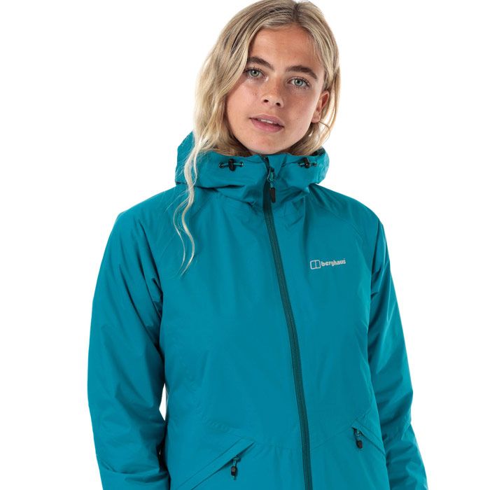 Womens Berghaus Deluge Pro Insulated Waterproof Jacket in turquoise.<BR><BR>- 2 layer Hydroshell® waterproof breathable fabric.<BR>- Hydroloft® insulation is lightweight but warm.<BR>- Adjustable hood helps maintain a secure fit and protects from the elements.<BR>- Full zip fastening with chin guard.<BR>- Long raglan sleeves with elasticated cuffs.<BR>- Zipped front pockets.<BR>- Drawcord adjustable hem.<BR>- Berghaus logo printed at left chest.<BR>- Measurement from shoulder to hem: 26in approximately.<BR>- 100% Polyamide shell with polyurethane coating. Lining: 100% Polyester. Insulation: 100% Polyester. Machine Washable.<BR>- Ref: 422260BT8<BR><BR> Measurements are intended for guidance only.