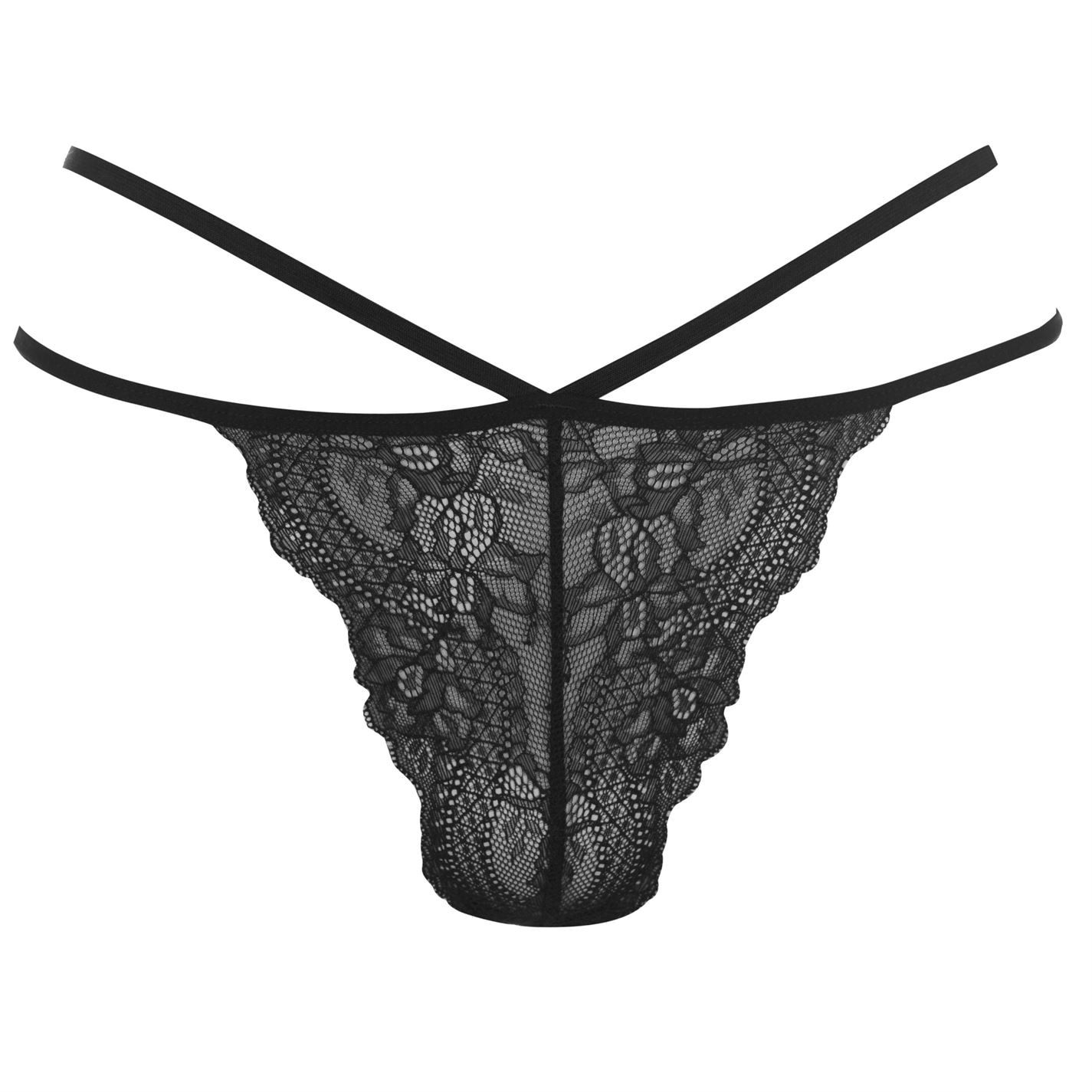 <strong> Firetrap Thong Briefs Ladies </strong><br><br> These Firetrap Thong Briefs are crafted with an elasticated waistband made up of 2 straps. They feature a lace body and are a lightweight construction. These thongs are a block colour design and are complete with Firetrap branding. <br>> Underwear<br>> Thongs<br>> Elasticated waistband<br>> Double straps<br>> Lace body<br>> Lightweight<br>> Block colour<br>> Firetrap branding<br>> 90% polyamide, 10% elastane<br>> Machine washable<br>> Keep away from fire