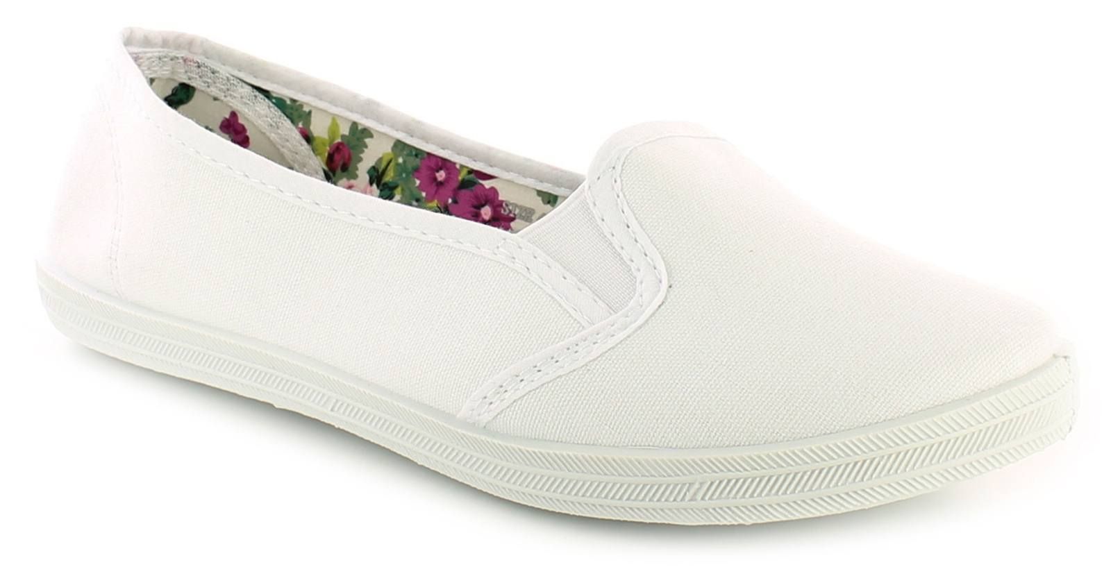 New Ladies/Womens White Slip Ons Elasicated Gusset Canvas Pumps.