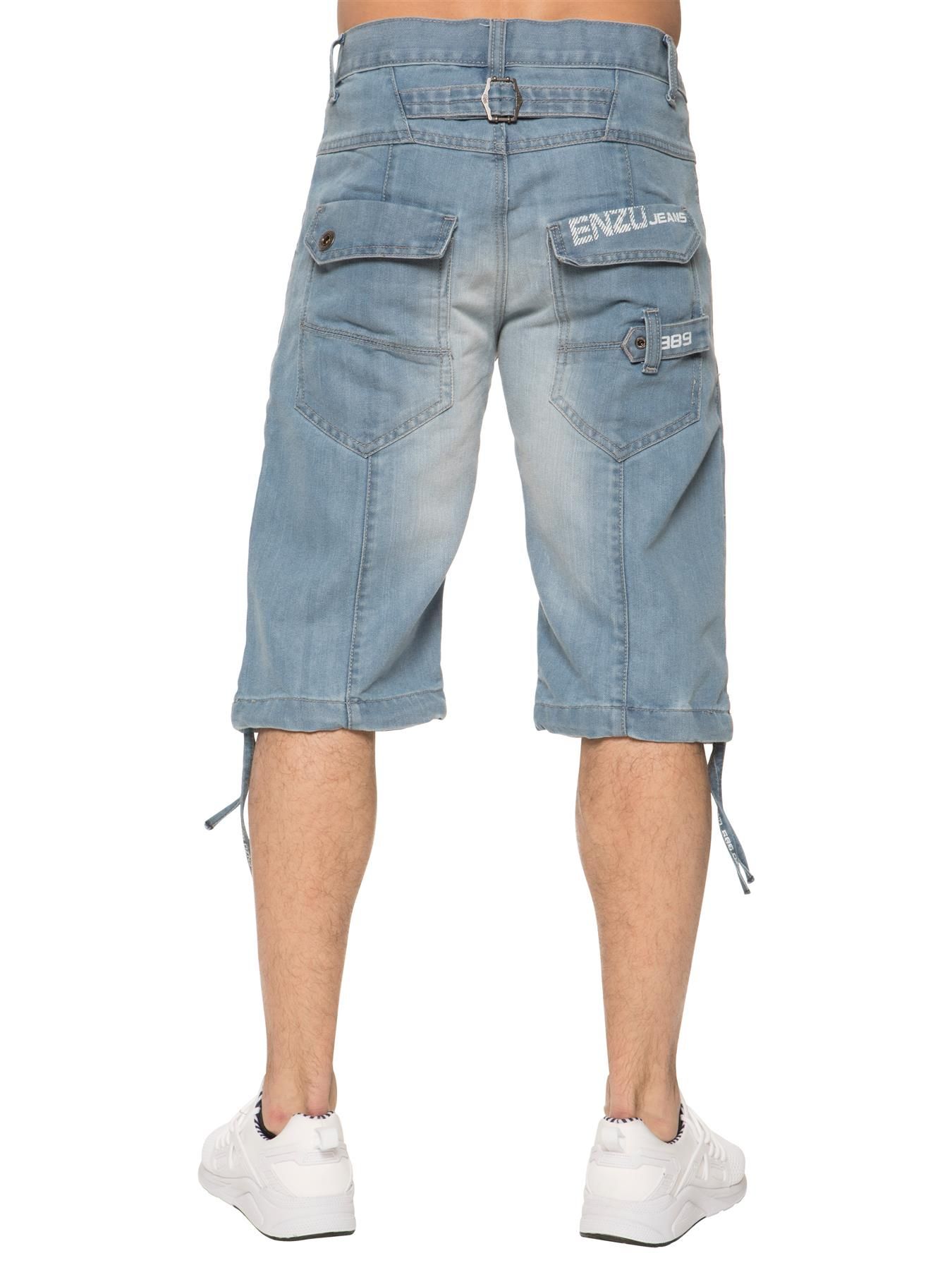 Enzo Mens Designer Knee Length Denim Shorts In Sky Blue, 2 Front Pockets, 2 Back Pockets, Button fly fastening, 65% Cotton, 35% Polyester, Machine washable, Ideal for Casual Occasions.