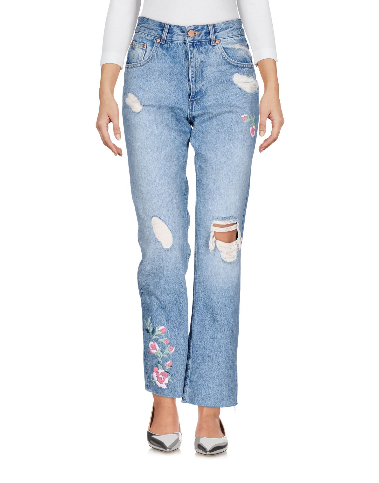 denim, worn effect, faded, logo, embroidered detailing, solid colour, dark wash, high waisted, front closure, button, zip, multipockets, raw-cut hem, contains non-textile parts of animal origin, comfort fit