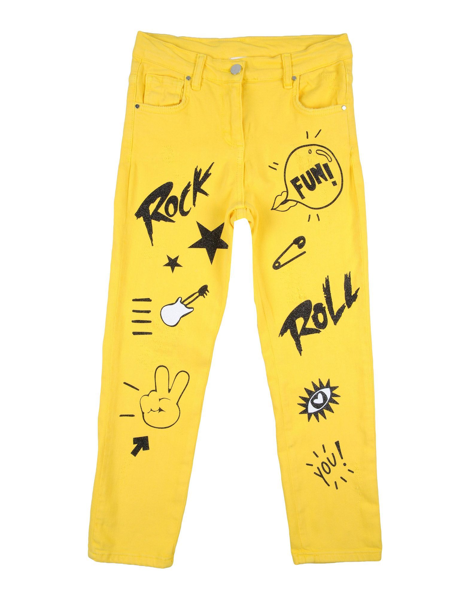denim, glitter, print, solid colour, coloured wash, mid rise, front closure, button, zip, multipockets, wash at 30� c, iron at 110� c max, do not tumble dry, do not dry clean, do not bleach, stretch, straight-leg pants