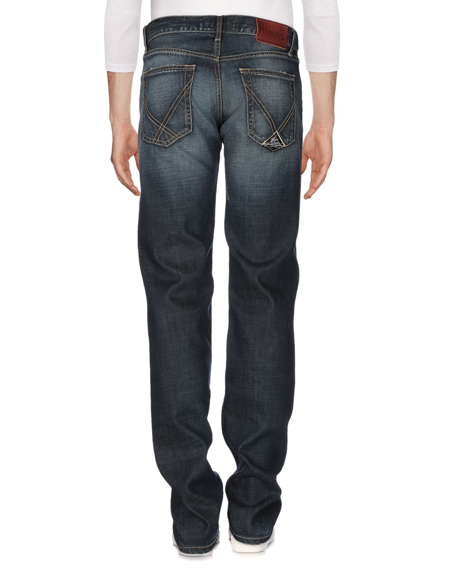 denim, faded, logo, leather applications, solid colour, dark wash, mid rise, front closure, button closing, multipockets, contains non-textile parts of animal origin, straight-leg pants
