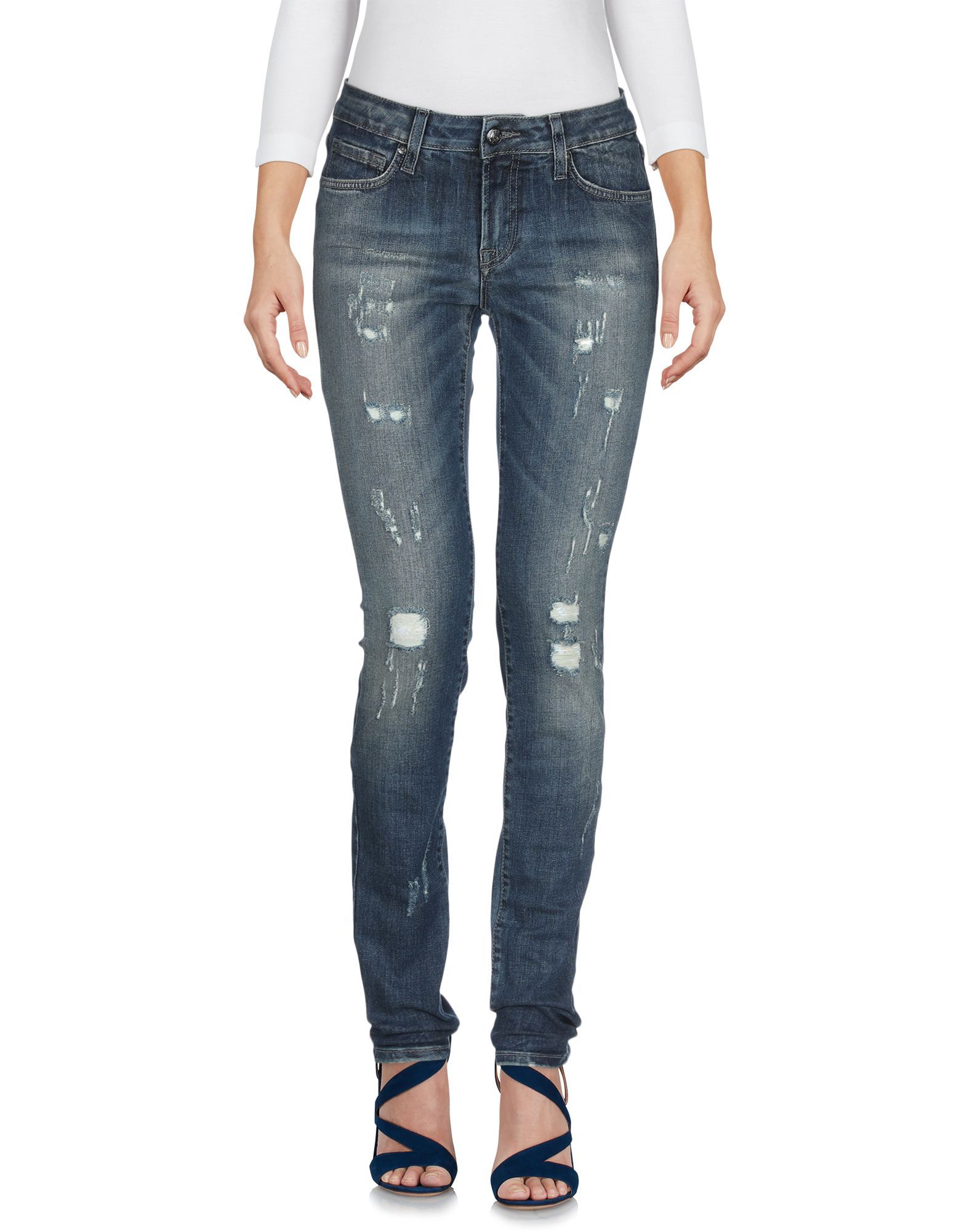 denim, worn effect, faded, rhinestones, logo, solid colour, medium wash, mid rise, front closure, button, zip, multipockets, contains non-textile parts of animal origin, stretch, slim fit