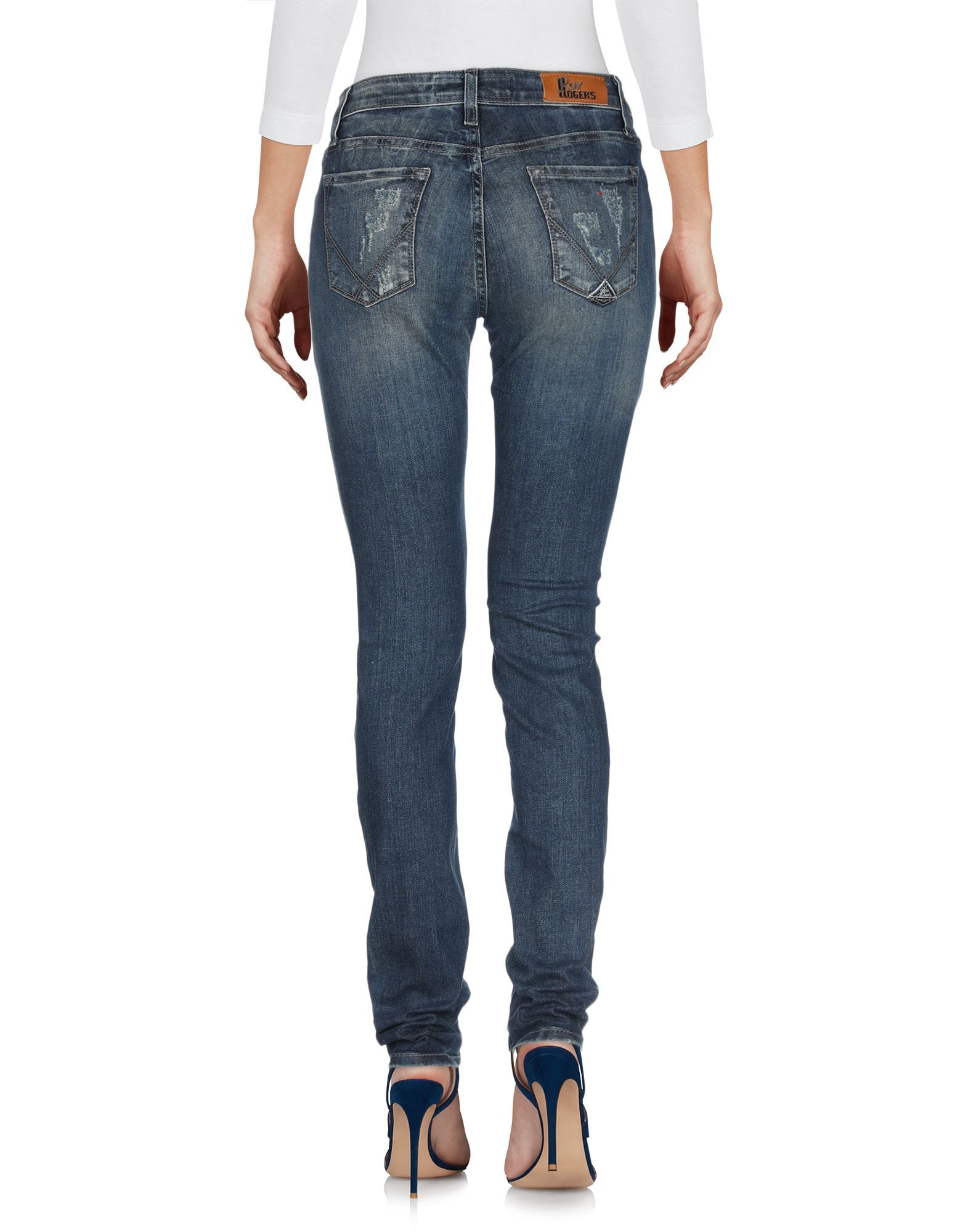denim, worn effect, faded, rhinestones, logo, solid colour, medium wash, mid rise, front closure, button, zip, multipockets, contains non-textile parts of animal origin, stretch, slim fit