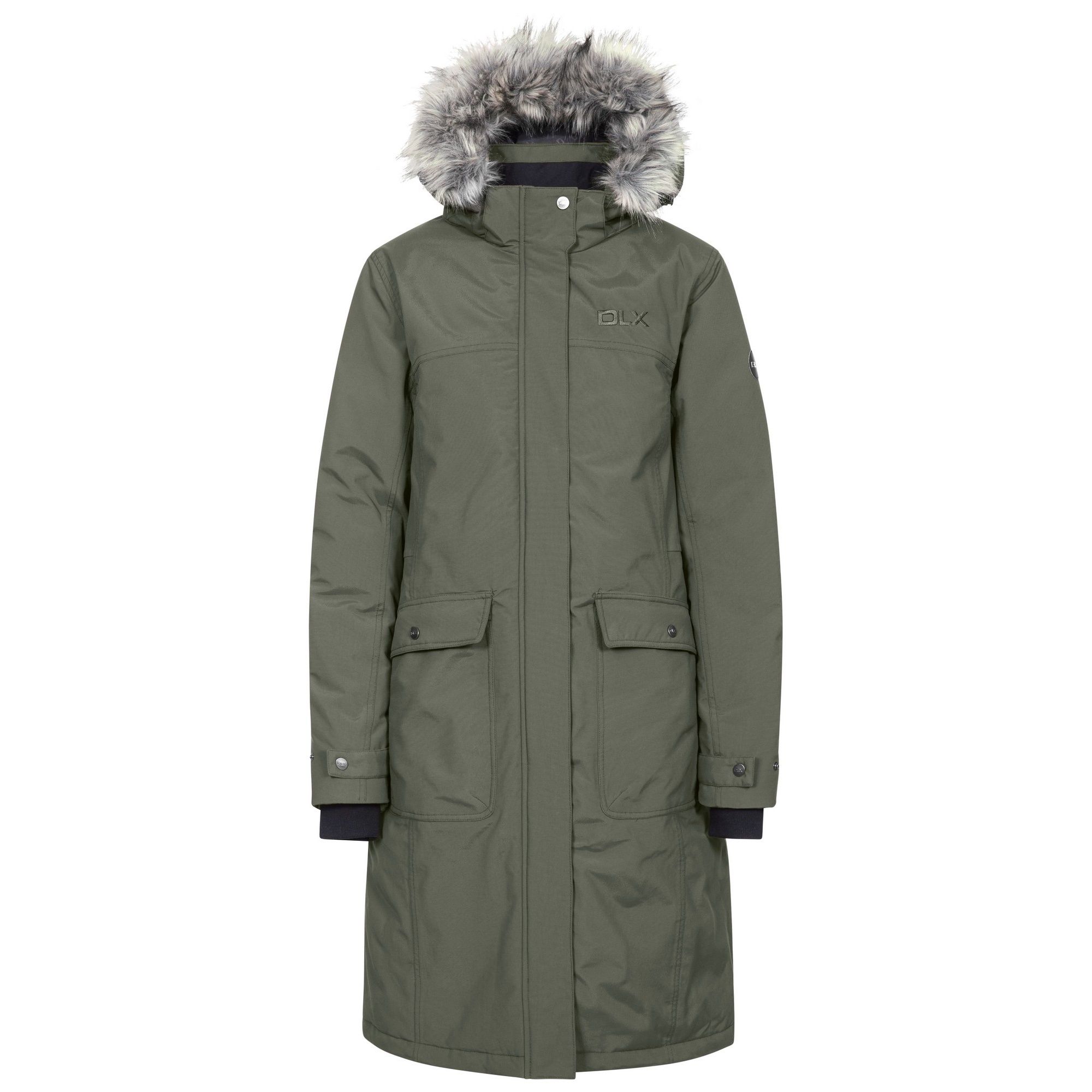 Longer length. Detachable hood with zip off faux fur trim. Double entry lower pockets. Adjustable cuffs with inner knitted cuff. Two way front zip. 2 inner pockets. Waterproof 10000mm, Breathable 5000mvp, windproof, taped seams. Shell: 100% Polyamide TPU membrane, Lining: 100% Polyester, Filling: 90% Down/10% Feather. Trespass Womens Chest Sizing (approx): XS/8 - 32in/81cm, S/10 - 34in/86cm, M/12 - 36in/91.4cm, L/14 - 38in/96.5cm, XL/16 - 40in/101.5cm, XXL/18 - 42in/106.5cm.