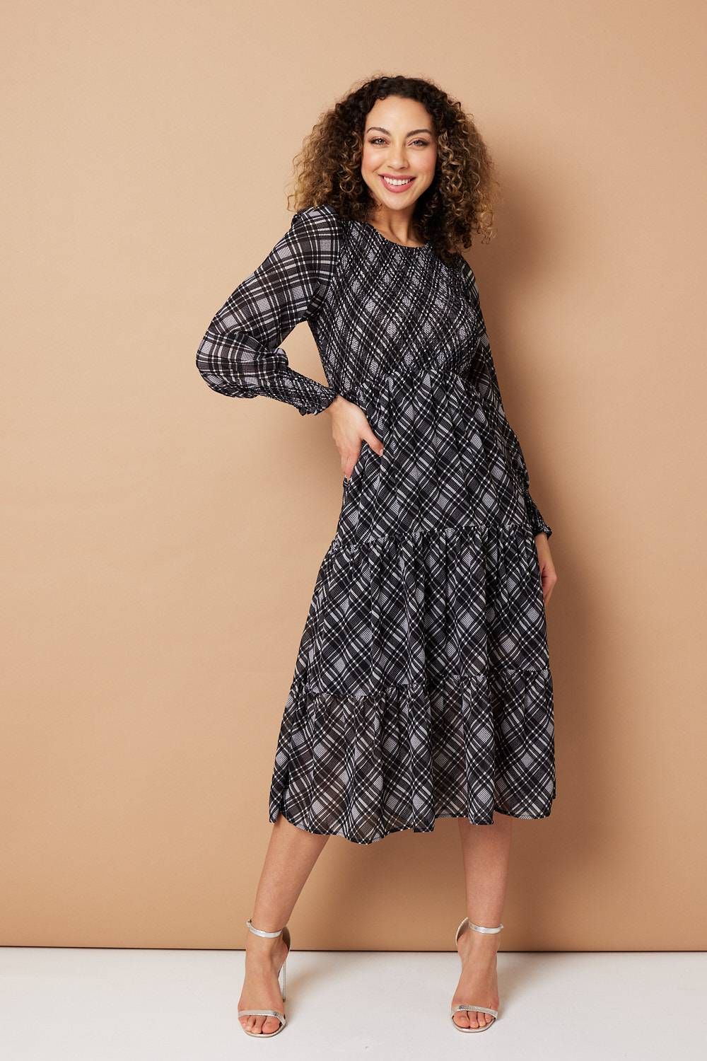 Izabel London Checked Long Sleeve Midi Dress, Black