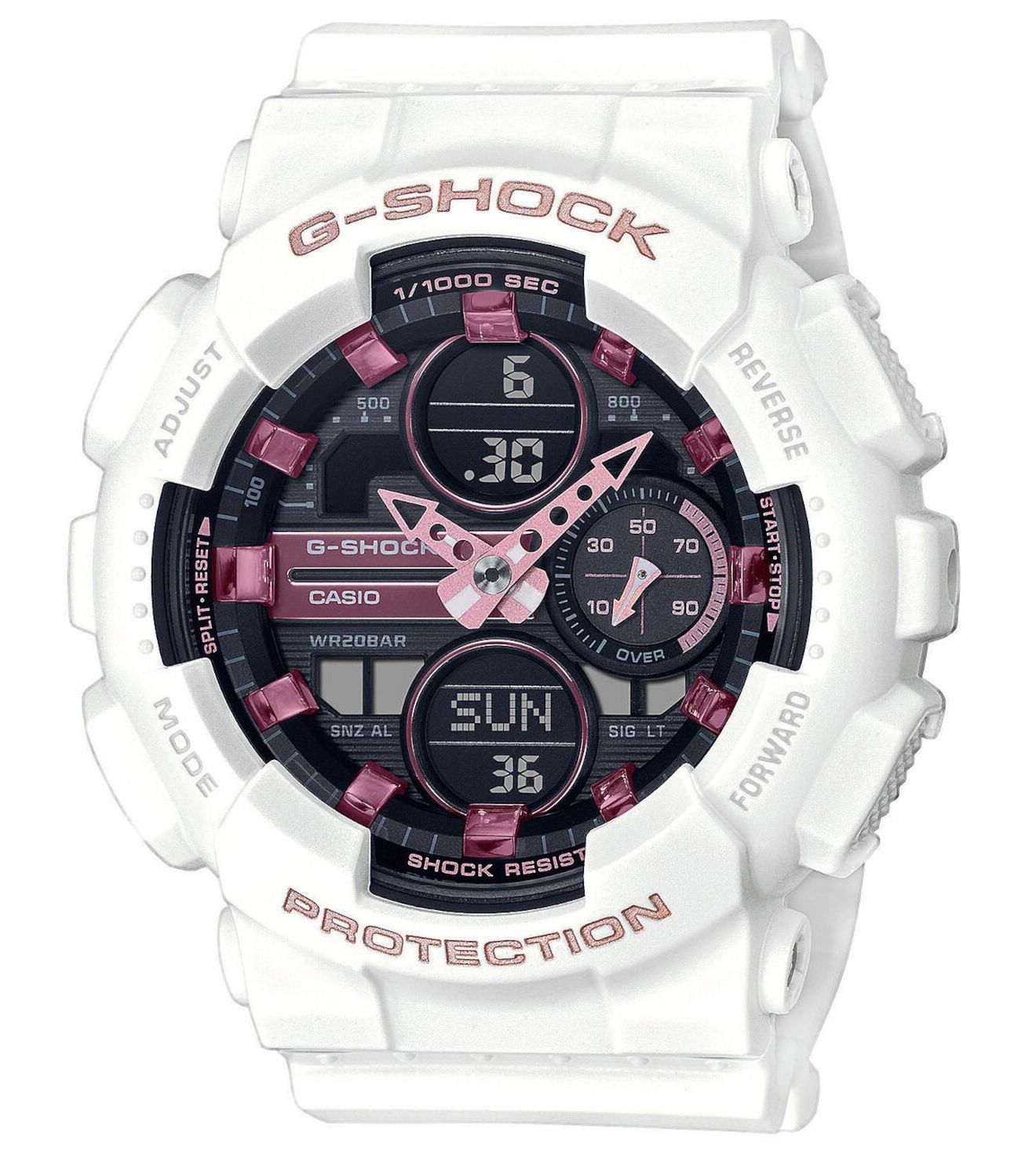This Casio G-shock Analogue-Digital Watch for Women is the perfect timepiece to wear or to gift. It's White 42 mm Round case combined with the comfortable White Plastic watch band will ensure you enjoy this stunning timepiece without any compromise. Operated by a high quality Quartz movement and water resistant to 20 bars, your watch will keep ticking. This sporty and trendy watch is a perfect gift for New Year, birthday,valentine's day and so on -The watch has a Calendar function: Day-Date, Stop Watch, Worldtime, Timer, Alarm, Light High quality 19 cm length and 24 mm width White Plastic strap with a Buckle Case diameter: 42 mm,case thickness: 14 mm, case colour: White and dial colour: Black