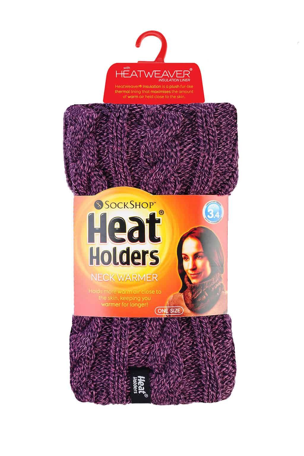 Heat Holders Neck Warmer  When it gets cold, your neck needs something to protect it from the wind and cold weather.Warmer than a regular scarf and less trouble too, this pretty cable knit Heat Holders neck warmer will keep your neck warm in the winter months.  With its delightfully soft, warm and silky fur-like lining, this neck warmer traps the warm air close to the skin and keeps the neck and surround area insulated from the cold.  The advanced, high performance Heat Holders insulating yarn helps protect against the cold and wicks away moisture to keep you dry and comfortable. The specially sculpted fit of this neck warmer drops low to contour around the chest, neck and chin for extra warmth and protection.  Extra Product Details  - Neck Warmer - Heat Holders - Heatweaver fleece lining - Insulating yarn - Sculpted to fit neck - Easier to wear than a scarf - 7 colours  - One size fits all - 3.5 Tog