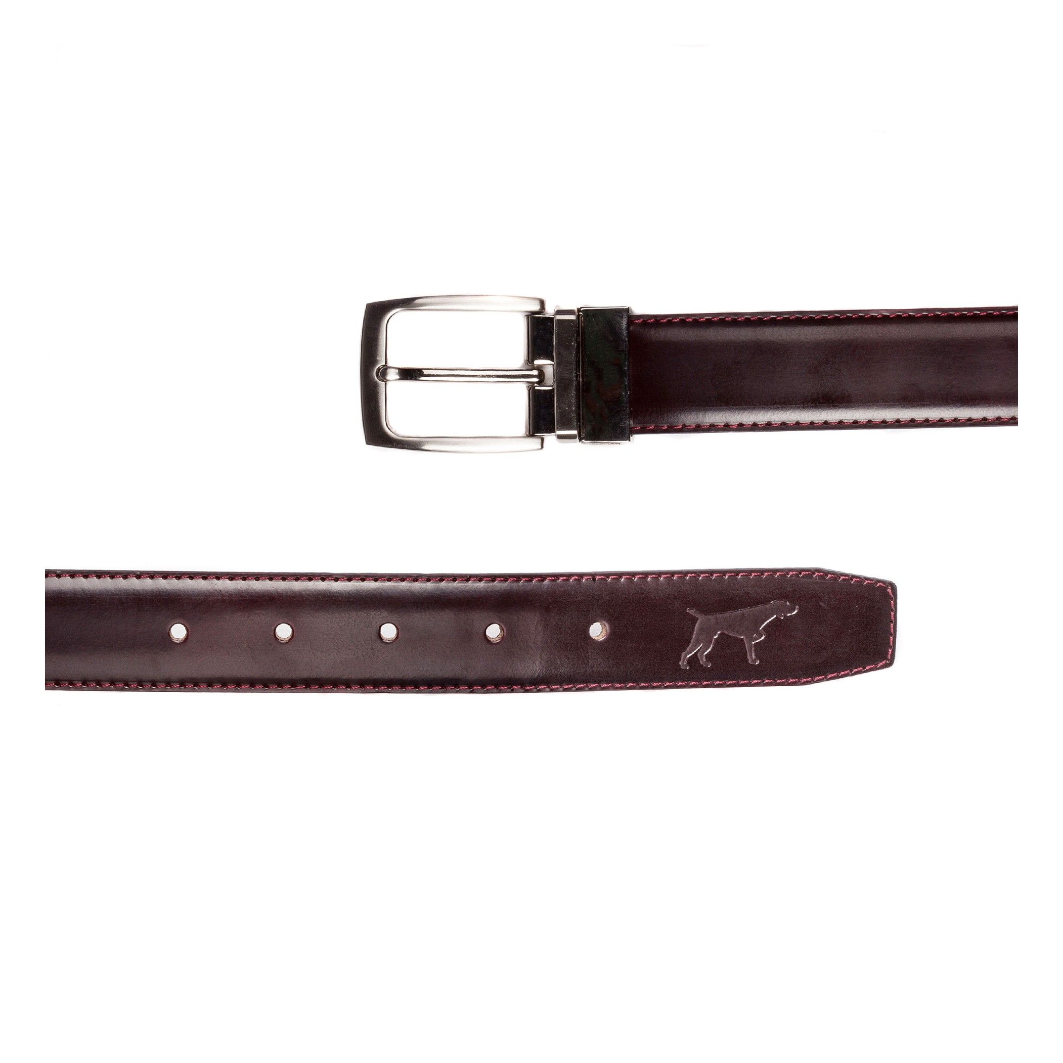 Adjustable belt. Florentic leather. Removable metal buckle to adapt the belt. Width of 3,3 cm. Large of 100 cm & 115 cm. Burgundy color. Classic style.