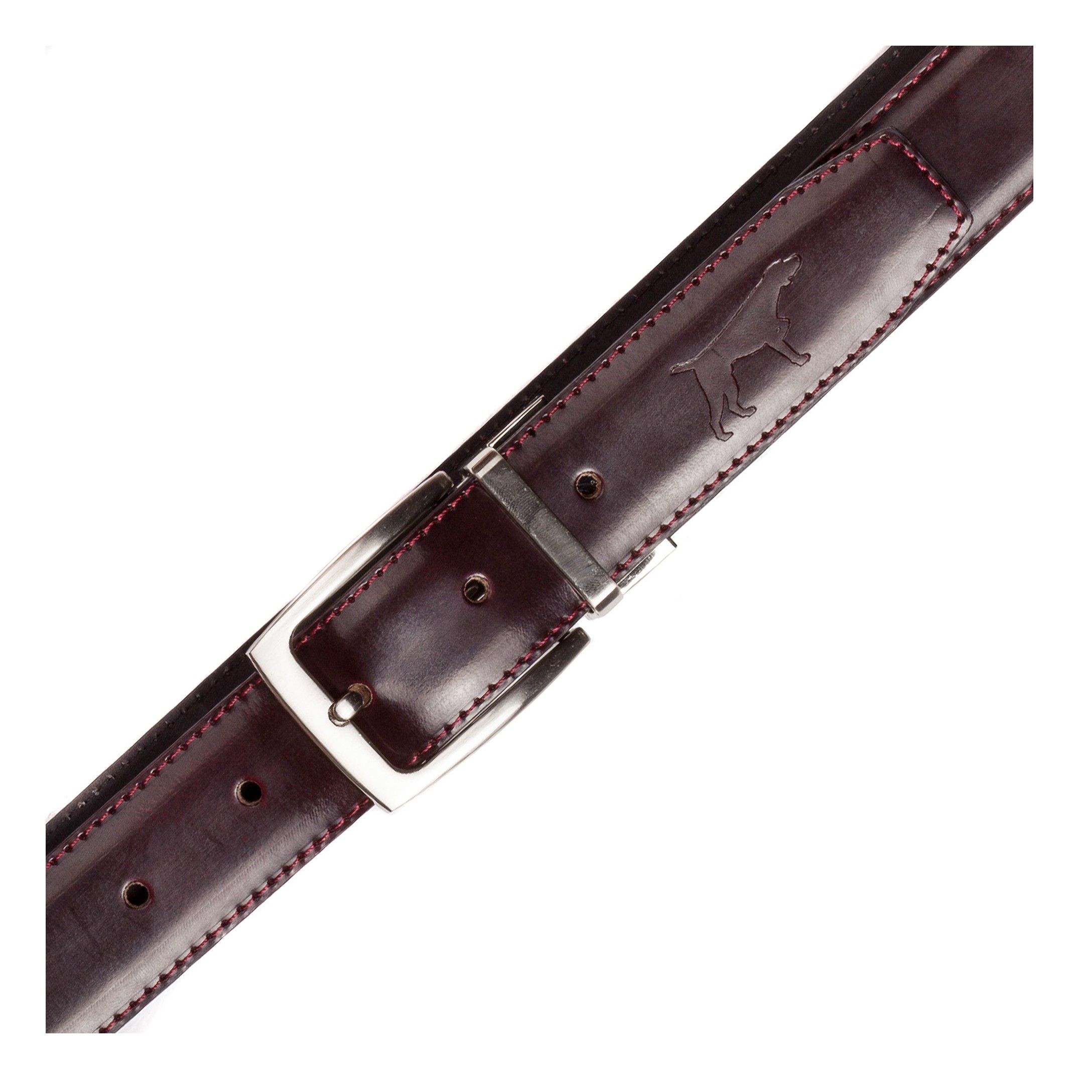 Adjustable belt. Florentic leather. Removable metal buckle to adapt the belt. Width of 3,3 cm. Large of 100 cm & 115 cm. Burgundy color. Classic style.