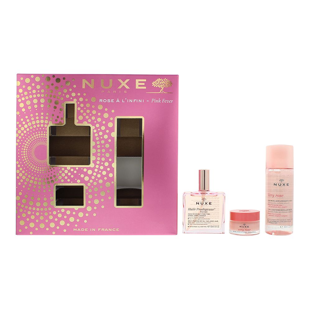 Nuxe Rose À L'infini 3 Piece Gift Set gives you all three iconic Pink Nuxe skincare products in one lovely  set to awaken your senses with its delicate fragrance. This set contains  Huile Prodigieuse Florale 50 ml, Very Rose 3-in-1 Soothing Micellar Water 100 ml and the soothing Very Rose Rose Lip Balm 15g