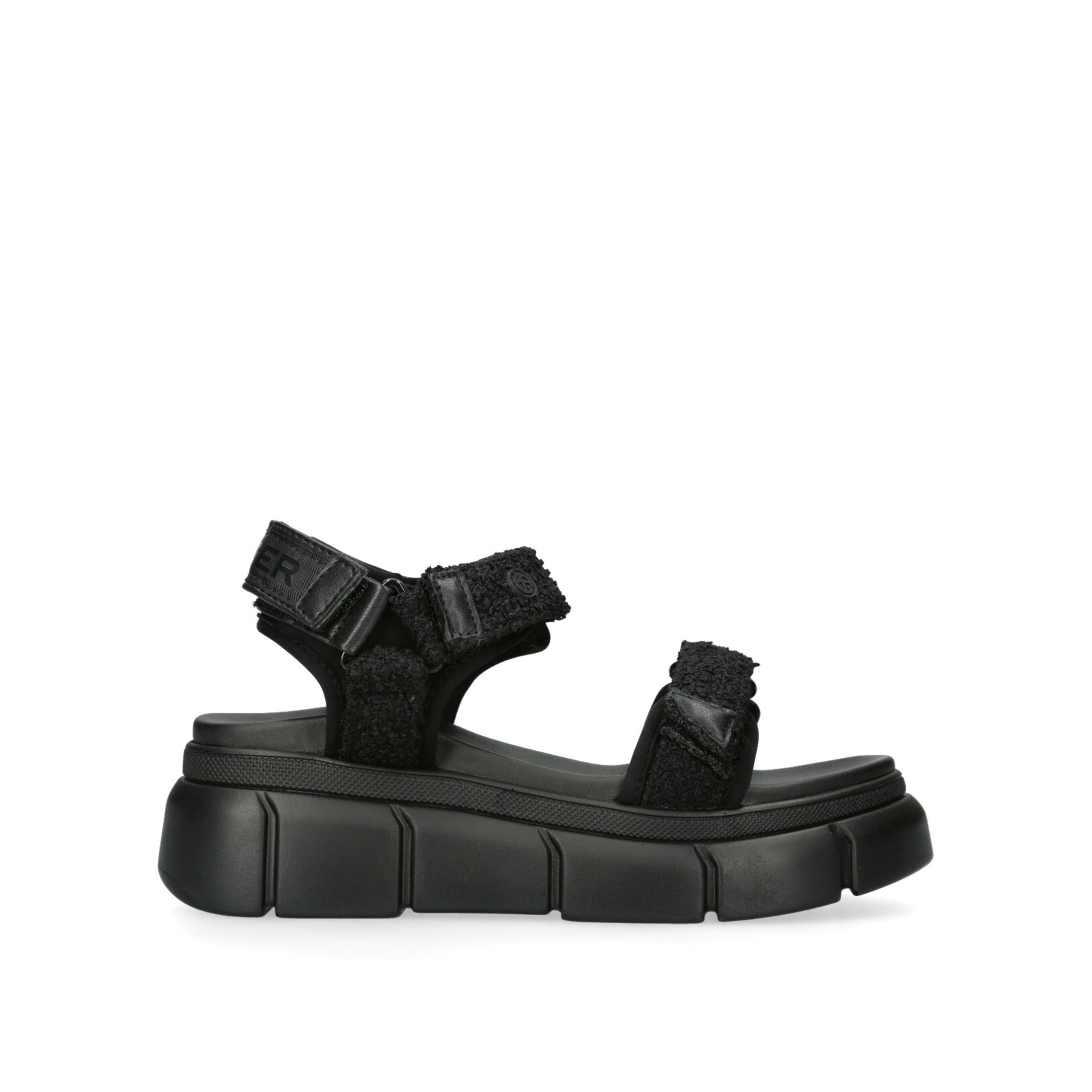 The Rigged sandals feature black tweed fabric on the velcro straps.  The back of the ankle features KG Kurt Geiger logo printed on ribbed textile with a print stitch detailing tape. Sole height: 4cm. This product is registered with The Vegan Society.