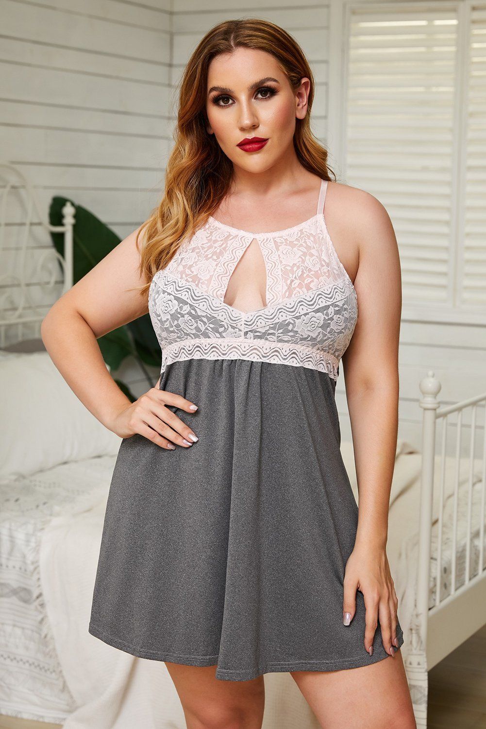 – Womens plus size babydoll with thong in a set
– Adjustable halter straps with o-ring connect on back
– Floral lace bust overlay with refined keyhole front
– Exclusive design for bedroom, cosplay, stage and so on
– Plus size lingerie great for your joyful romantic times

Size Chart (CM)
Sizes	Bust	Waist	Length
	Relax	Relax	Relax
1X	96	82	77
2X	103	89	79
3X	110	96	81
4X	117	103	83
5X	124	110	85
Elasticity	High

Note:
1.There maybe 1-2 cm deviation in different sizes, locations and stretch of fabrics. Size chart is for reference only, there may be a little difference with what you get.
2.There are 3 kinds of elasticity: High Elasticity (two-sided stretched), Medium Elasticity (one-sided stretched) and Nonelastic (can not stretched ).
3.Color may be lighter or darker due to the different PC display.
4.Wash it by hand in 30-degree water, hang to dry in shade, prohibit bleaching.
5.There maybe a slightly difference on detail and pattern of this dress.