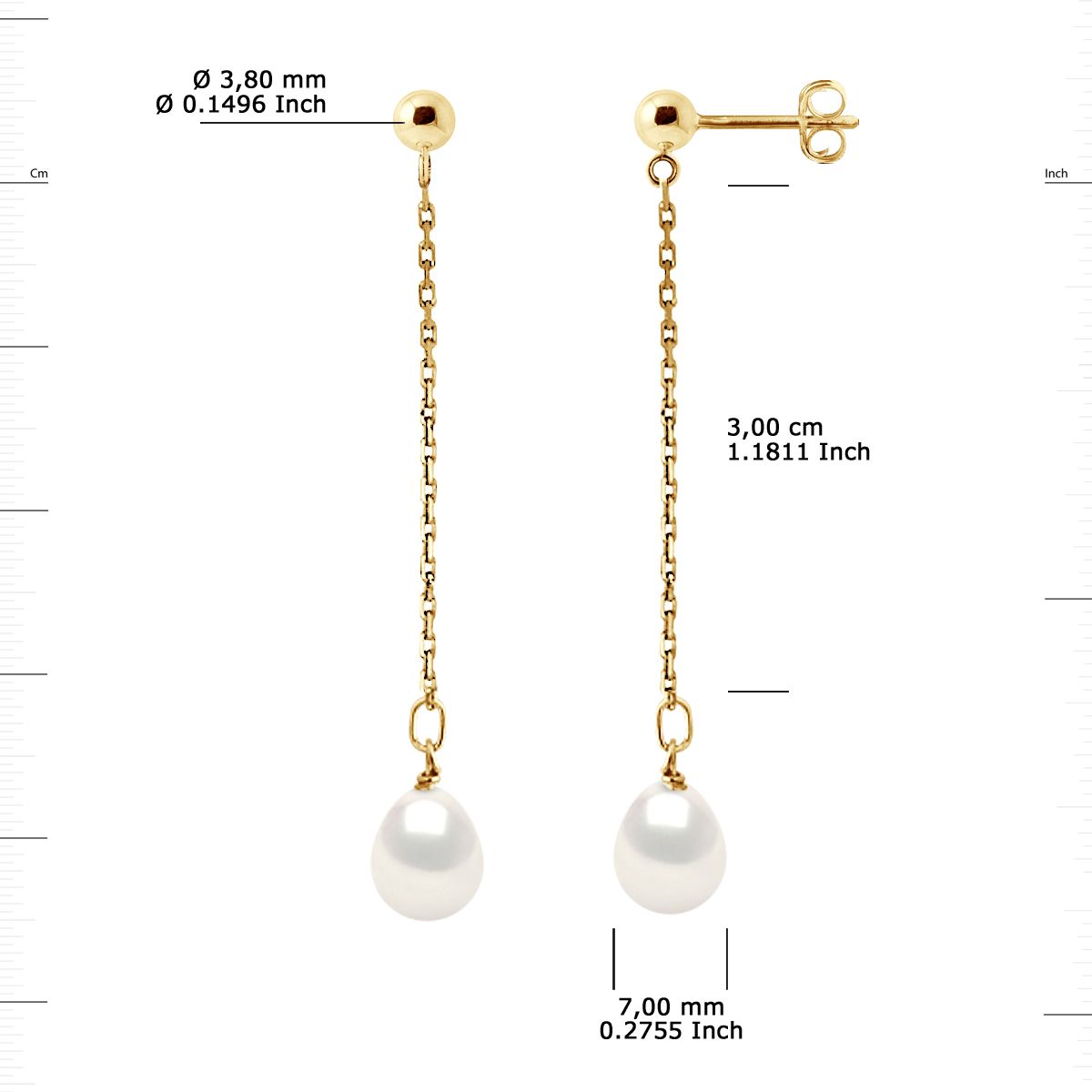Earrings of true Cultured Freshwater Pearls Pear Shape 7-8 mm - 0,31 in - Natural White Color Push System and chain Gold - Our jewellery is made in France and will be delivered in a gift box accompanied by a Certificate of Authenticity and International Warranty