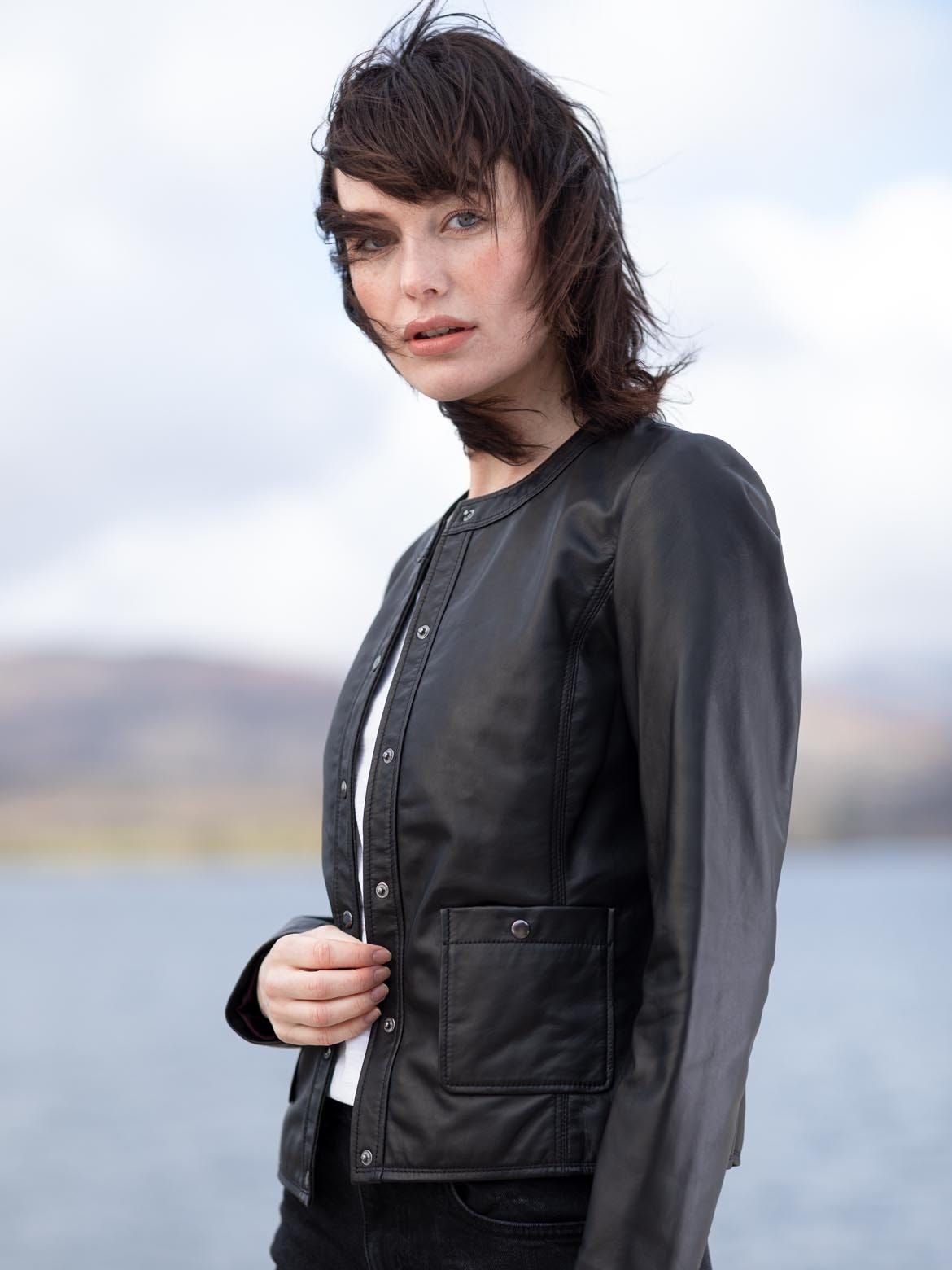 Castlehead Collarless Leather Jacket in Black