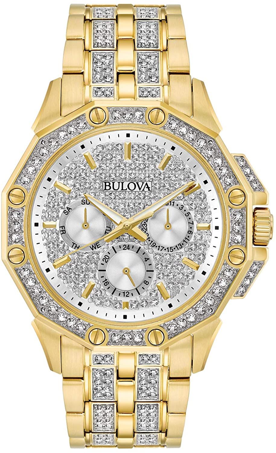 This Bulova Crystal Octava Multi Dial Watch for Men is the perfect timepiece to wear or to gift. It's Gold 41 mm Round case combined with the comfortable Gold Stainless steel will ensure you enjoy this stunning timepiece without any compromise. Operated by a high quality Quartz movement and water resistant to 3 bars, your watch will keep ticking. This high quality watch is embellished with 308 crystals on the bezel -The watch has a calendar function: Day-Date, 24-hour Display, Luminous Hands High quality 21 cm length and 21 mm width Gold Stainless steel strap with a Deployment clasp Case diameter: 41 mm,case thickness: 11 mm, case colour: Gold and dial colour: Silver