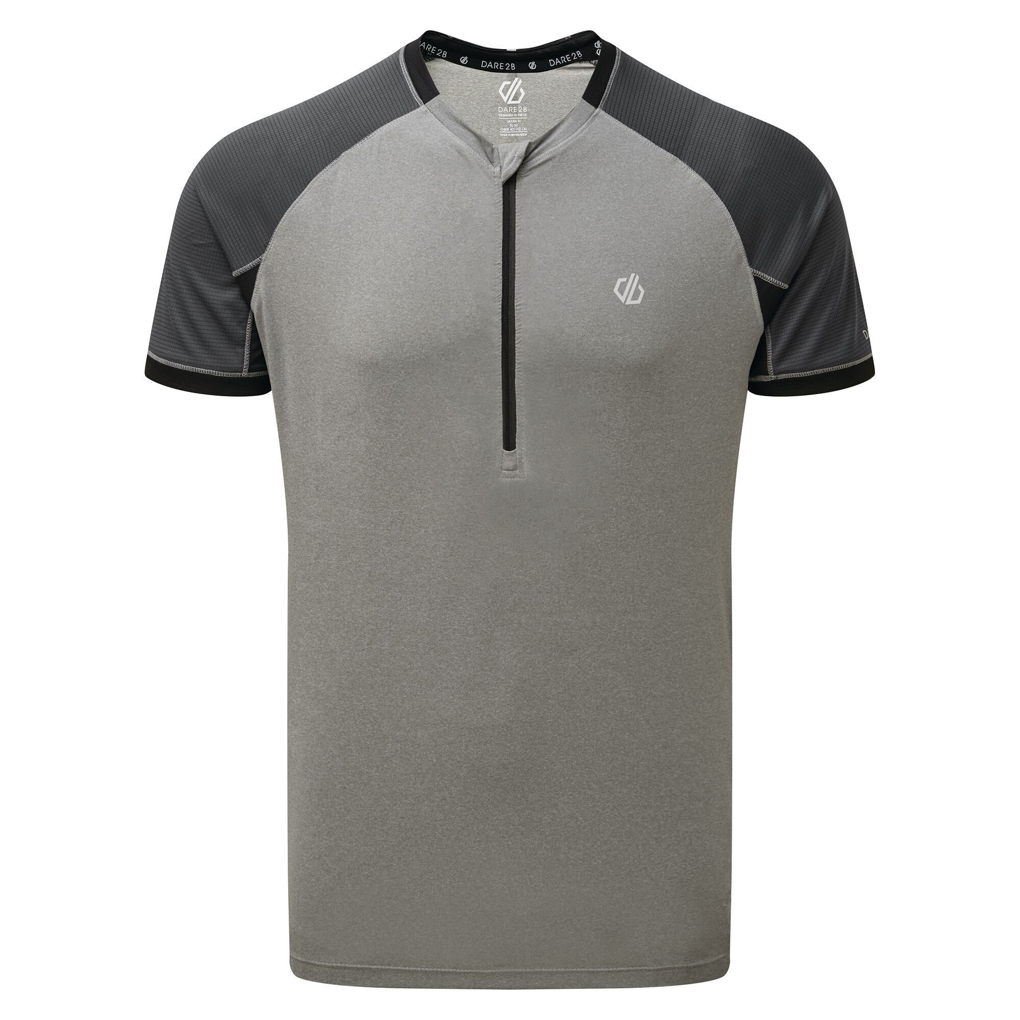 Material: 100% Polyester (Q-Wic Plus lightweight polyester fabric). Lightweight and breathable cycle jersey with airflow mesh. Built-in anti-bacterial odour control. 1/2 length centre front venting zip with auto-lock slider and inner zip guard. 1 security pocket with invisible zip. Reflective Dare 2B logo print detail.