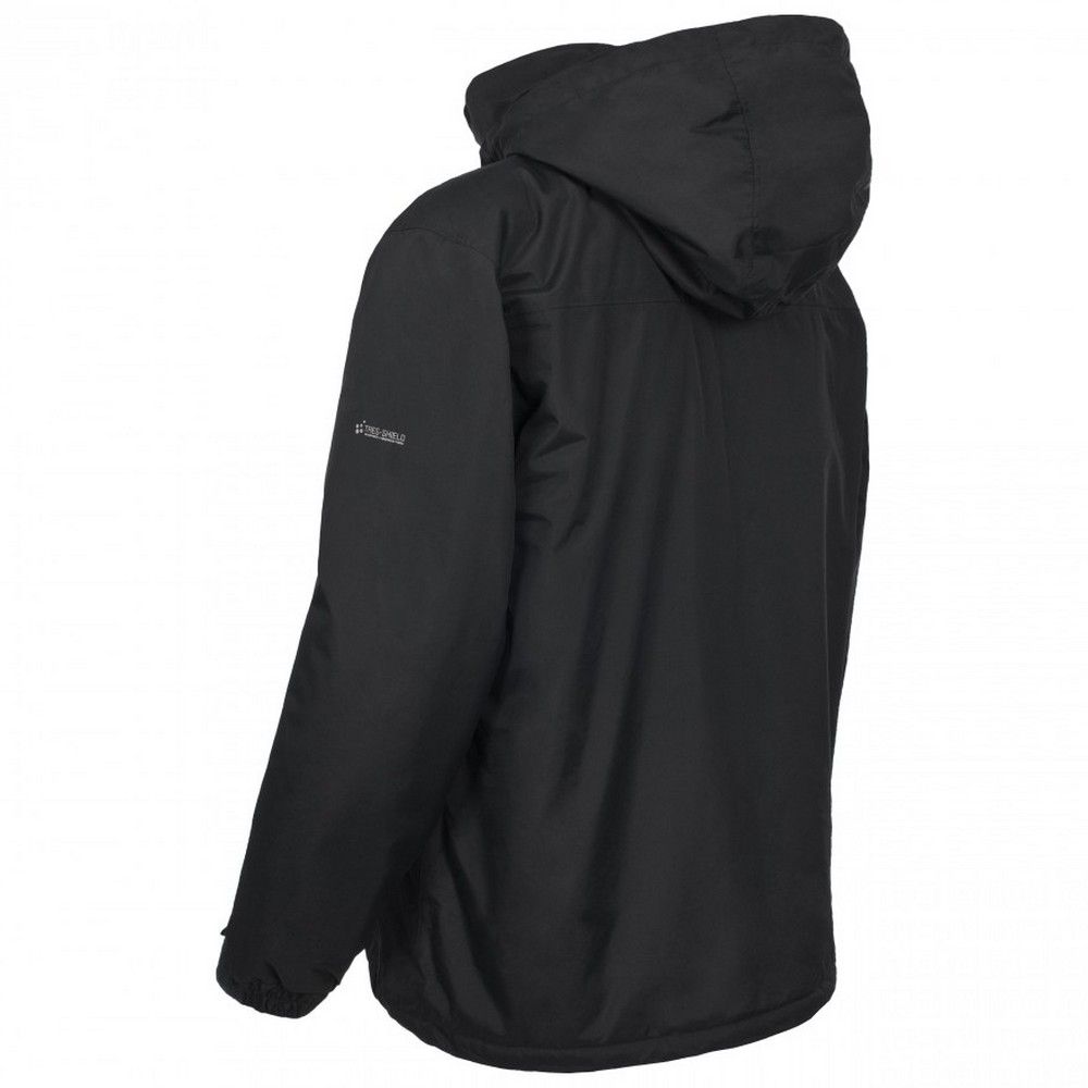 Shell: Tre-shield 100% brushed polyester fabric with PVC coating. Lining: 100% polyester, Padding: 100% polyester.Waterproof: 3000mm. Taped seams. Windproof.  Padded, adjustable concealed hood. 2 zip pockets. Hem drawcord.