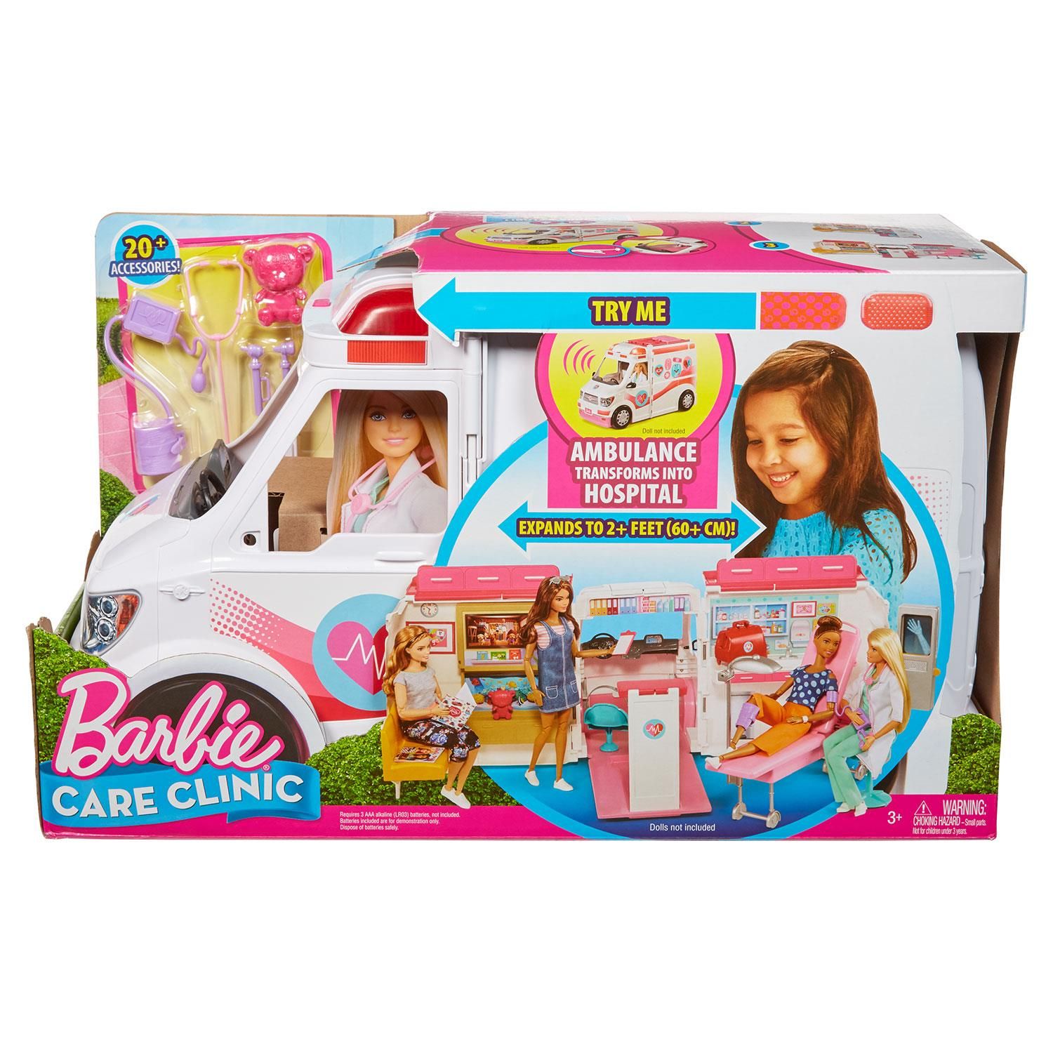 Barbie Career Care Clinic Ambulance with Accessories, Great Gift for Kids

Drive playtime fun with the Barbie care clinic. This 2-in-1 rescue vehicle is both an ambulance, with working siren sounds and lights, and a 2 ft long hospital with more than 20 themed pieces that inspire nurturing doctor role-play. With a lift of the lever, the colourful emergency car transforms into a care clinic, fully equipped for medical assistance and check-ups. The playset features three distinct play spaces: A check-in station with a pop-up reception desk, a waiting room with a hidden gift shop, and an examination room with an x-ray machine that doubles as a vision chart. Among the additional accessories (some with handles), there is diagnostic equipment like a stethoscope and blood pressure cuff, medical supplies like casts and crutches, waiting room magazines as well as gift shop items. It is the ideal gift for aspiring doctors. With this set, you can explore all types of medical professions from nurses to physicians, and help people feel better, just like Barbie. Doll not included.

Features:

Barbie care clinic vehicle inspires endless storytelling play for young aspiring doctors
The playset can be easily transformed from a rolling ambulance to a fully equipped hospital on wheels
Features a three-room hospital setting: check-in stand with a swivel chair; waiting room with couch, fish tank, and gift shop; exam room with an x-ray machine
More than 20 additional accessories include medical equipment (such as an adjustable bed, doctor’s bag, stethoscope, blood pressure cuff, thermometer)
Two casts and a pair of crutches, waiting room magazines, and gift shops items like a teddy bear or balloon
Collect other Barbie dolls and toys to explore medical professions and more careers because when a girl plays with Barbie

Package Includes: Barbie Career Care Clinic Ambulance with Accessories