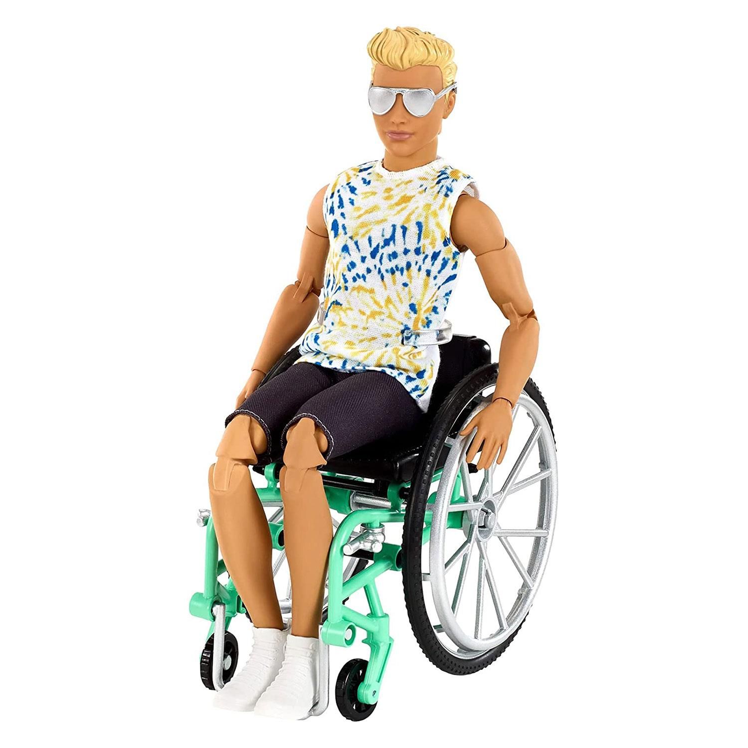 Barbie and Ken Fashionistas celebrate diversity with fashion dolls that encourage real-world storytelling and open-ended dreams! With a wide variety of skin tones, eye colors, hair colors and textures, body types, and fashions, the dolls are designed to reflect the world kids see today. Ken doll inspires new play possibilities with a manual wheelchair and ramp so he can easily get in and out of the Barbie Dreamhouse (sold separately, subject to availability). Kids can collect Fashionistasz2 dolls for infinite ways to play out stories, express their own style, and discover that fashion is fun for everyone! Includes doll-wearing fashions and accessories. Each is sold separately, subject to availability. Ken dolls cannot stand alone. Flat shoes fit dolls with articulated ankles or flat feet. Colors and decorations may vary.

Features:
The latest line of Barbie and Ken Fashionistas dolls includes different body types and a mix of skin tones, eye colors, hair colors, hairstyles and so many fashions inspired by the latest trends!
Ken doll comes with a wheelchair that has rolling wheels and a working brake, plus a ramp that works with the Barbie Dreamhouse (sold separately).
The doll also features 22 'joints' - in the neck, upper arms, elbows, wrists, torso, hips, upper legs, knees, and ankles to play out all kinds of motions in and out of the wheelchair.
He wears a white top with a blue and yellow tie-dye print, black shorts, white sneakers, and silvery sunglasses.
Makes a great gift for kids 3 years and older - they can play with style, play out stories and discover Barbie!

Box Contains Barbie Ken Doll #167 with Wheelchair & Ramp.