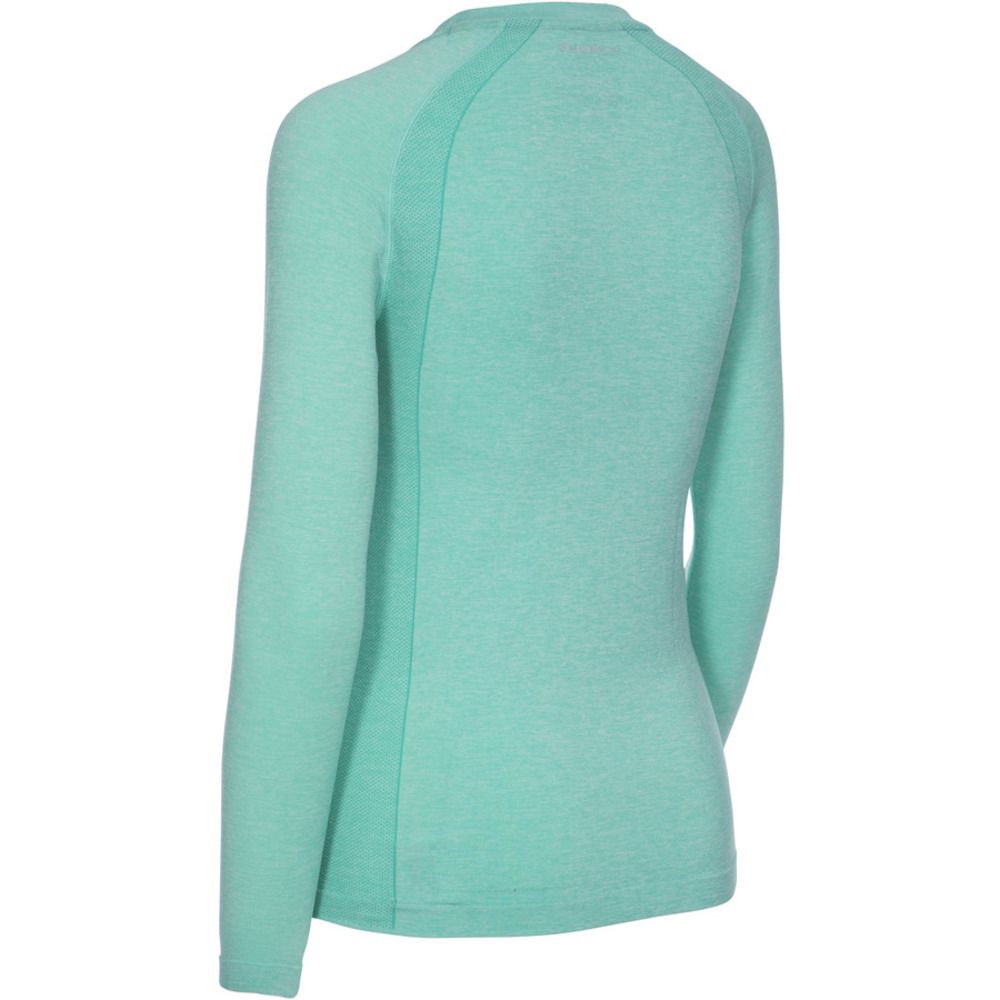 Seamless. Long sleeve. Round neck. Contrast panels. Reflective printed logos.  finish. Wicking. Quick dry. 59% Polyamide/36% Polyester/5% Elastane. Trespass Womens Chest Sizing (approx): XS/8 - 32in/81cm, S/10 - 34in/86cm, M/12 - 36in/91.4cm, L/14 - 38in/96.5cm, XL/16 - 40in/101.5cm, XXL/18 - 42in/106.5cm.