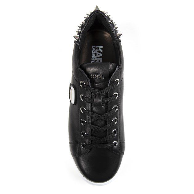 Women's Black Leather Karl Lagerfeld Kapri Stud Lace-up Trainers With Iconic Figure Branding, And White And Metallic Stud Detail On The Padded Heel Cushion. These Sneakers Feature A Leather Sock And Padded Heel With Chunky Rubber Sole And Trainer Tread.