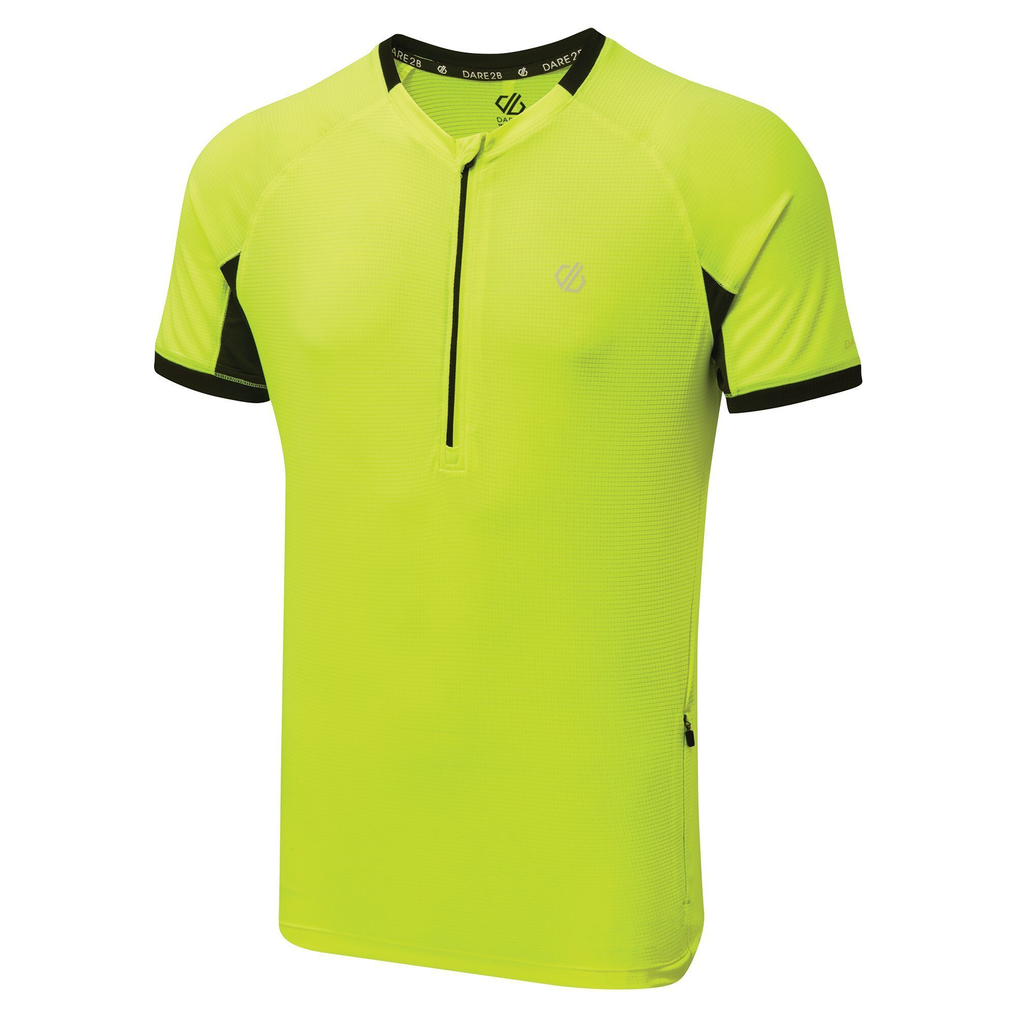 Material: 100% Polyester (Q-Wic Plus lightweight polyester fabric). Lightweight and breathable cycle jersey with airflow mesh. Built-in anti-bacterial odour control. 1/2 length centre front venting zip with auto-lock slider and inner zip guard. 1 security pocket with invisible zip. Reflective Dare 2B logo print detail.