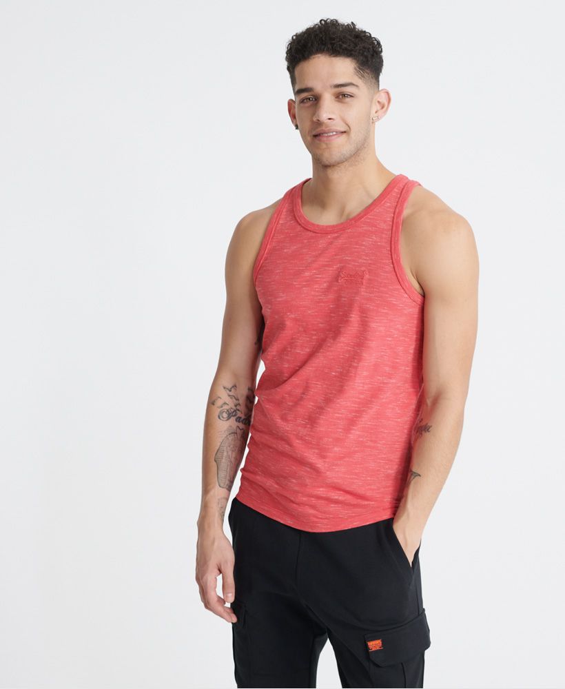 Superdry men's Vintage embroidery vest top from the Orange Label range. A sleeveless vest featuring ribbed trims, and finished with an embroidered Superdry logo on the chest. Pair this vest top with shorts or jeans for a relaxed look.