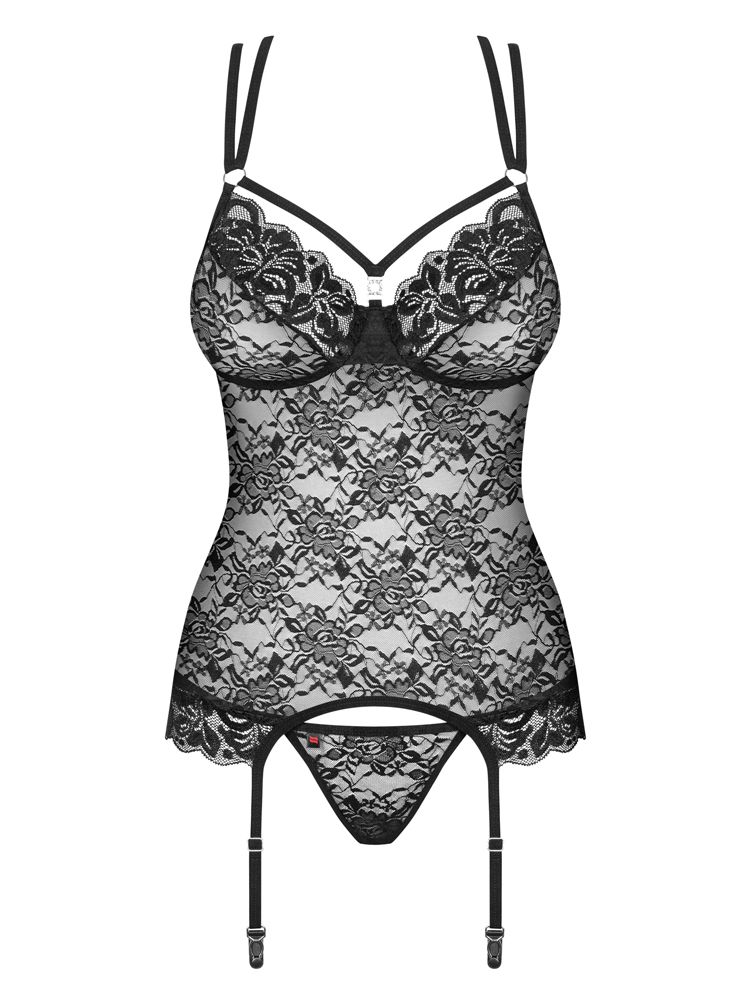 This 2 piece corset and thong set from Obsessive is enough to complete any sexy lingerie collection. The translucent black lace has wavy edges, with the addition of jewellery inserts between the breasts and on the back for a feminine, classy feel. The adjustable back straps and adjustable garter straps provides the perfect fit. The underwired cups provides you with great support and a natural shape.