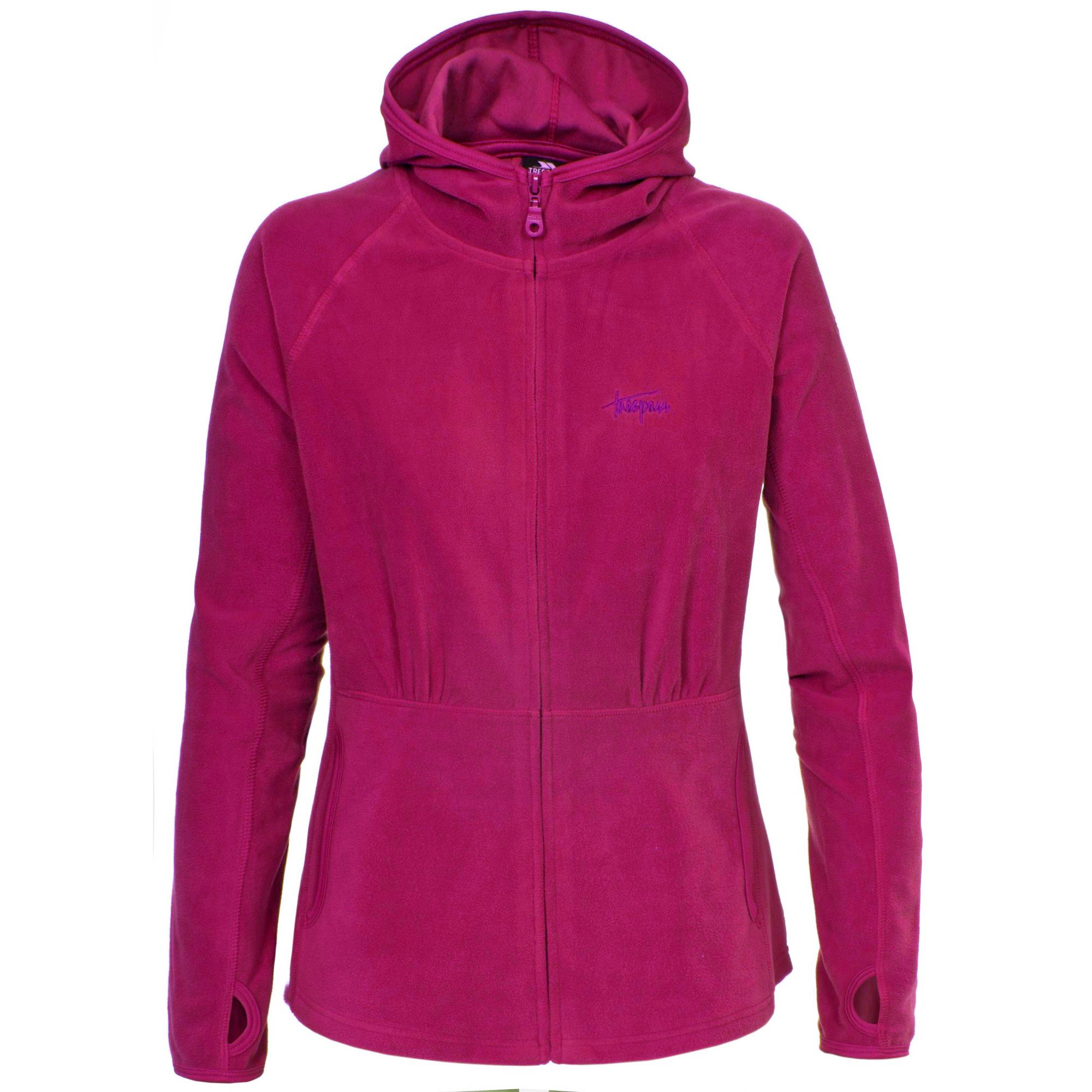 Ladies fleece jacket. 130gsm Airtrap fleece build to trap and hold onto body heat. Zip through front. Stretch binding at cuffs. 2 pockets on front. 100% Polyester. Trespass Womens Chest Sizing (approx): XS/8 - 32in/81cm, S/10 - 34in/86cm, M/12 - 36in/91.4cm, L/14 - 38in/96.5cm, XL/16 - 40in/101.5cm, XXL/18 - 42in/106.5cm.
