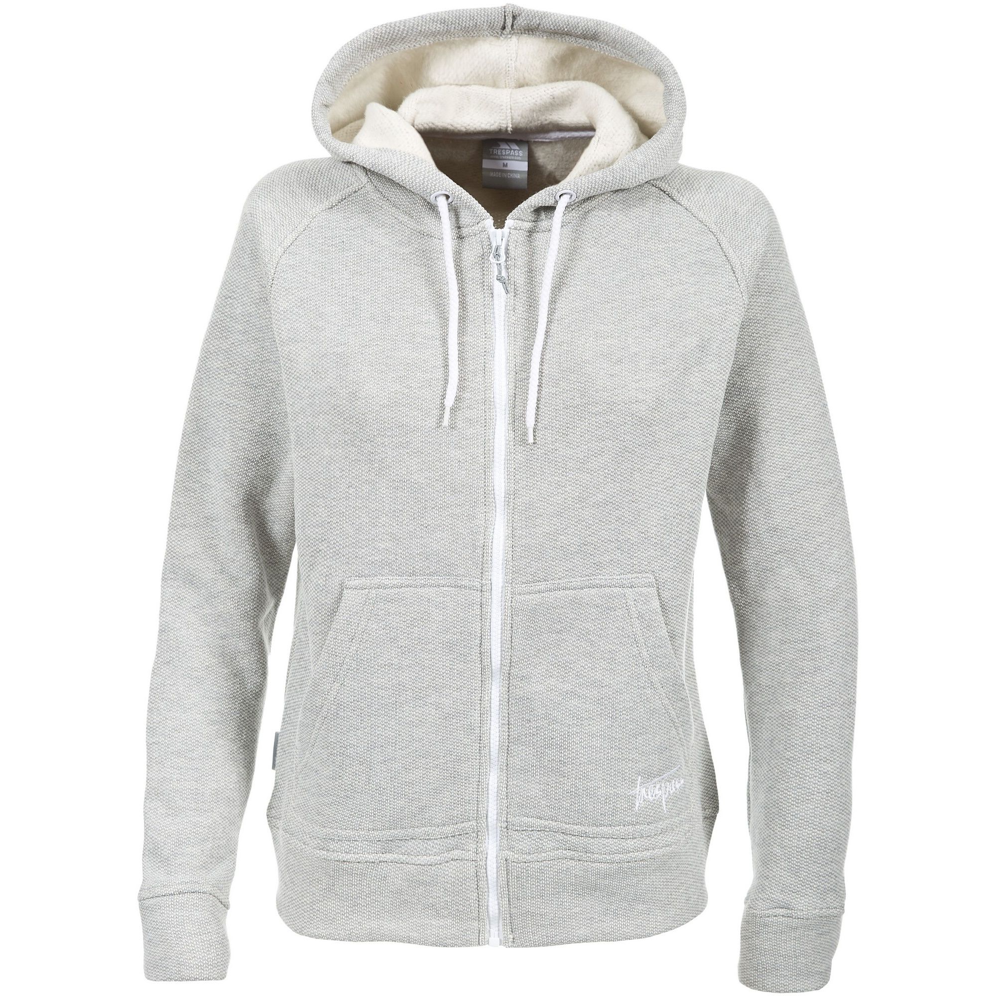 Womens fleece hoodie. Full zip. Adjustable grown on hood. Front pouch pockets. Embroidered logo. Long sleeves. 320gsm. Fabric: 66% Cotton/34% Polyester. Trespass Womens Chest Sizing (approx): XS/8 - 32in/81cm, S/10 - 34in/86cm, M/12 - 36in/91.4cm, L/14 - 38in/96.5cm, XL/16 - 40in/101.5cm, XXL/18 - 42in/106.5cm.